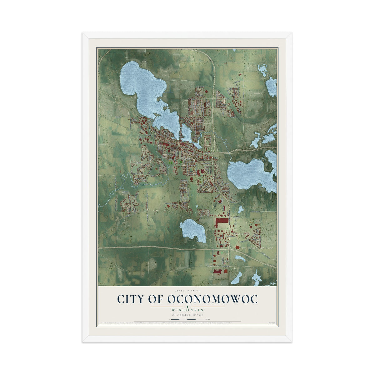 Map of Oconomowoc, Wisconsin, 12 x 18 inch print in a white wood frame