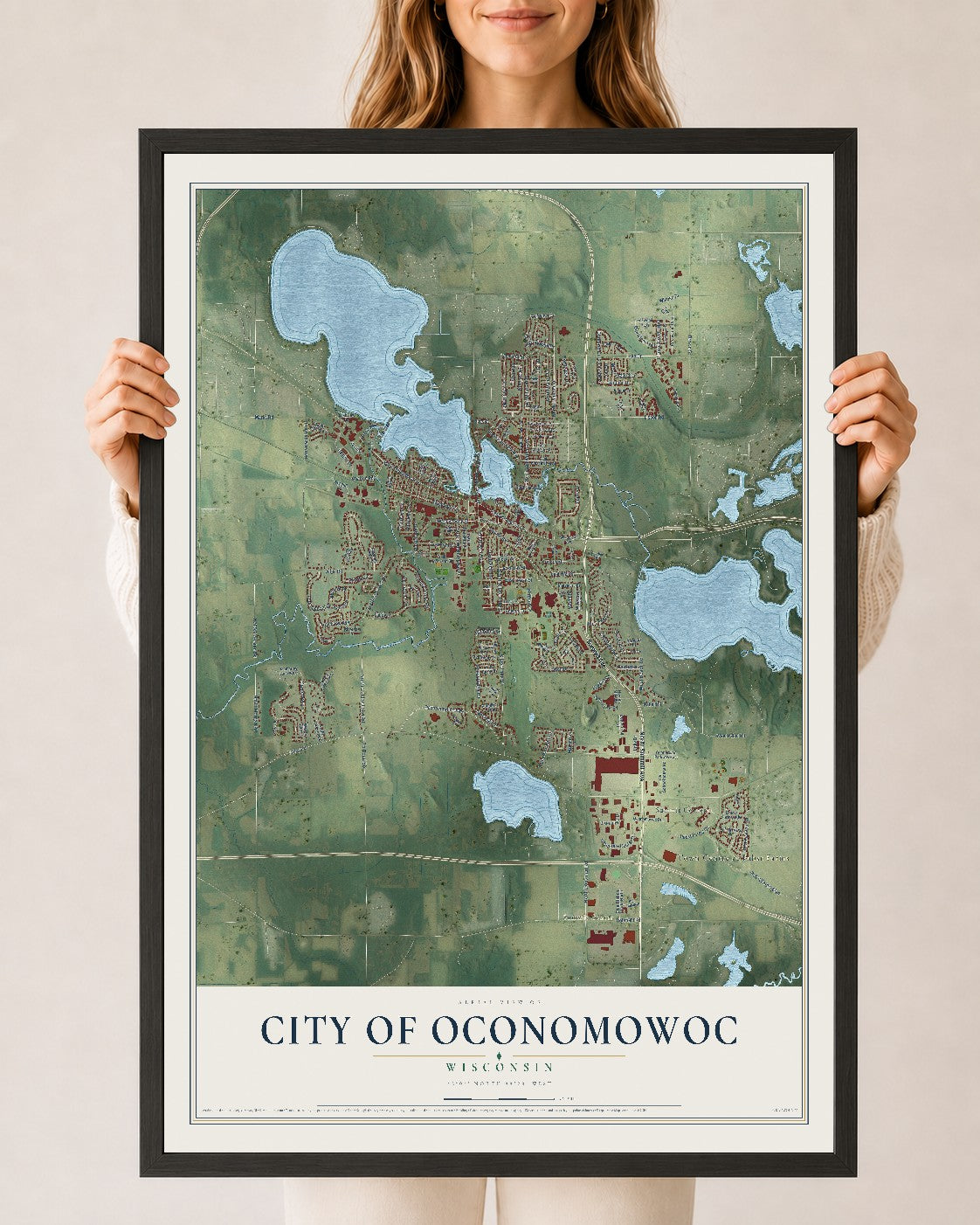Map of Oconomowoc, Wisconsin, 24 x 36 inch print in a black wood frame