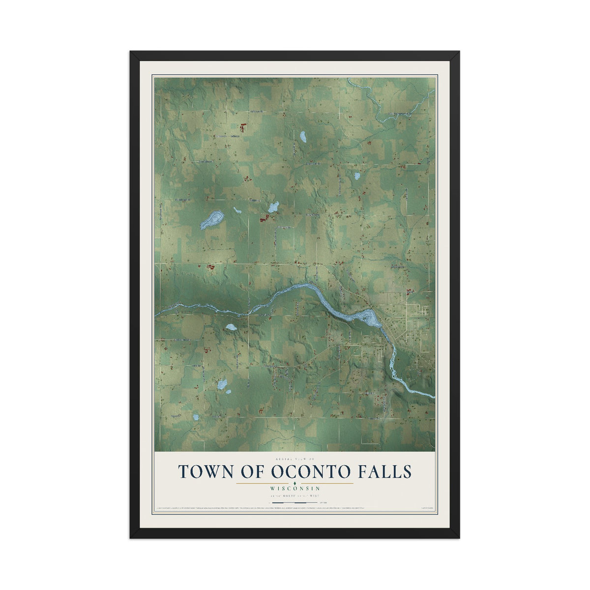 Map of the Town of Oconto Falls, Wisconsin, 12 x 18 inch print in a black wood frame