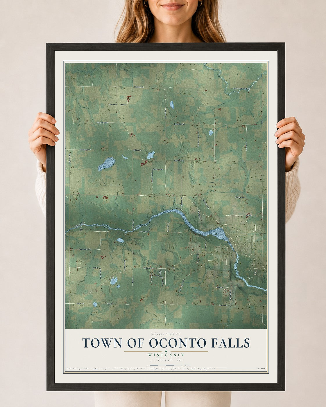 Map of the Town of Oconto Falls, Wisconsin, 24 x 36 inch print in a black wood frame