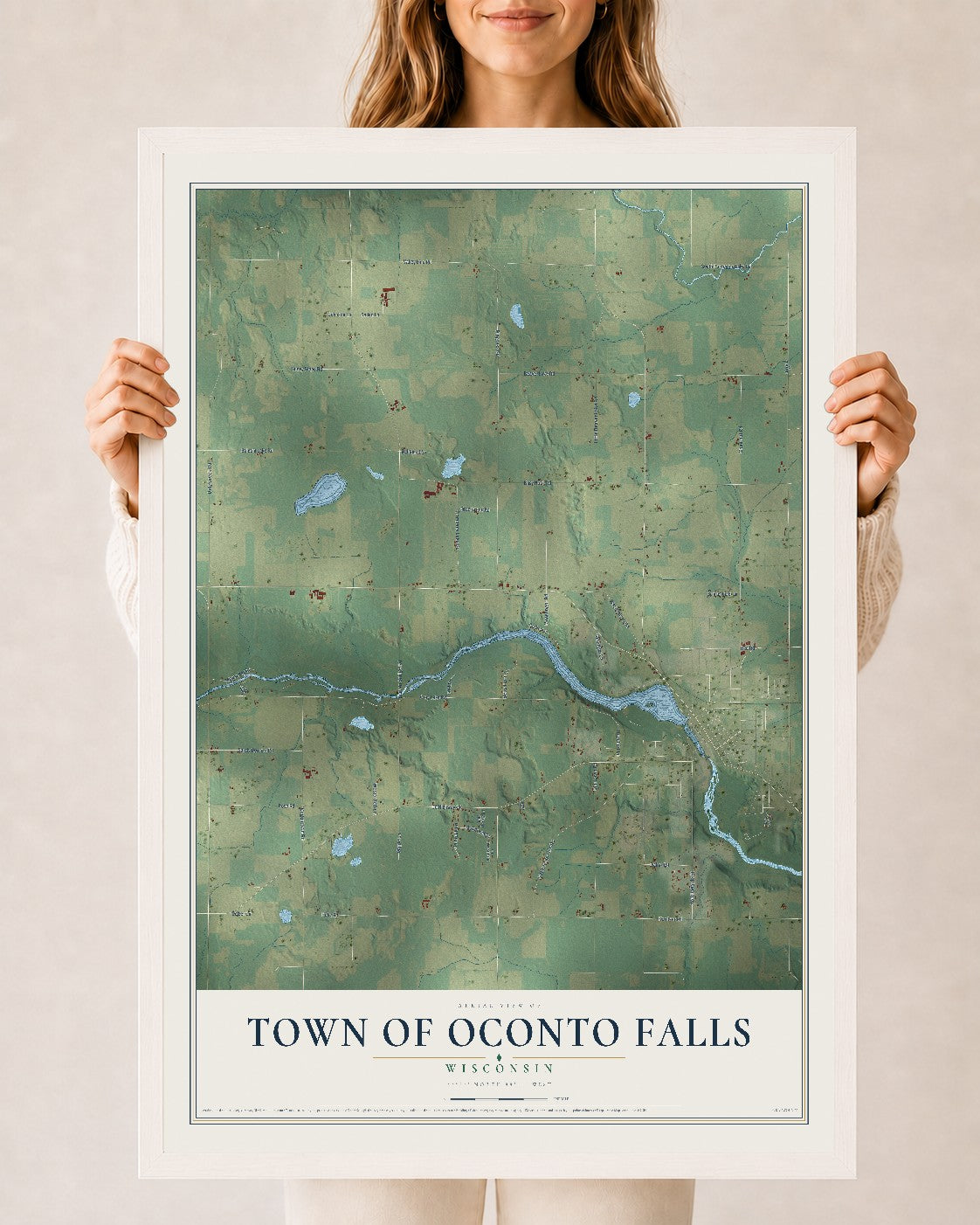Map of the Town of Oconto Falls, Wisconsin, 24 x 36 inch print in a white wood frame