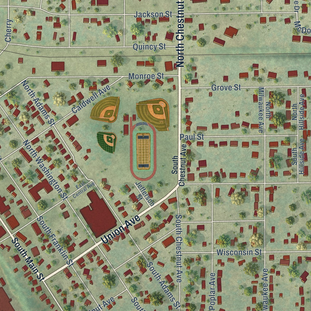 Close-up of the map of Oconto Falls, Wisconsin print showing street and building detail