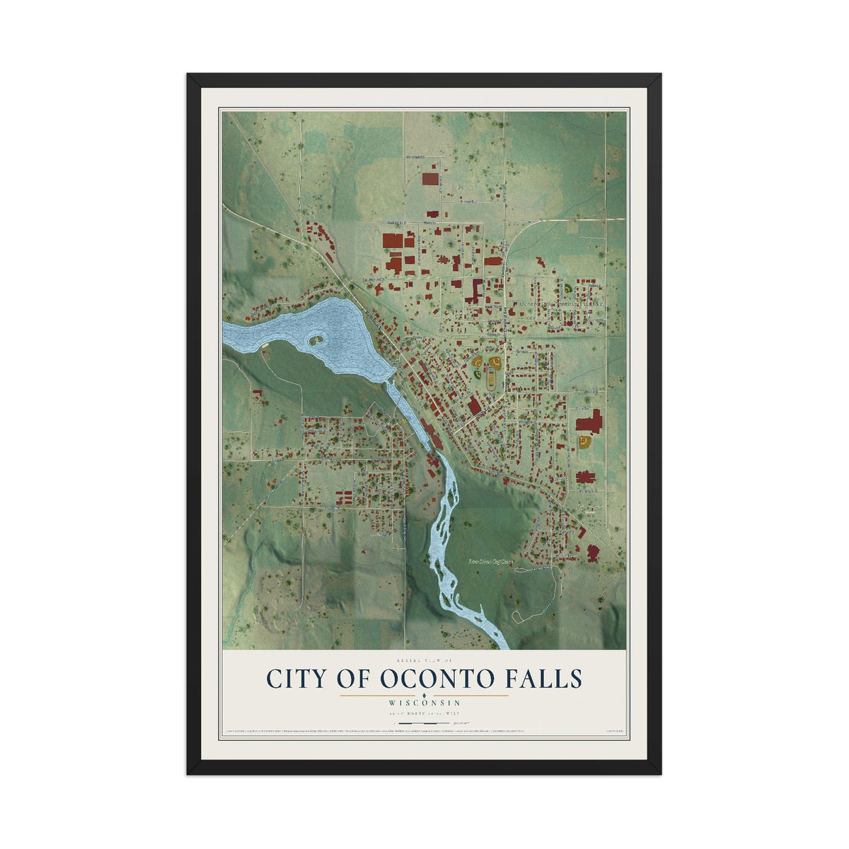 Map of Oconto Falls, Wisconsin, 12 x 18 inch print in a black wood frame