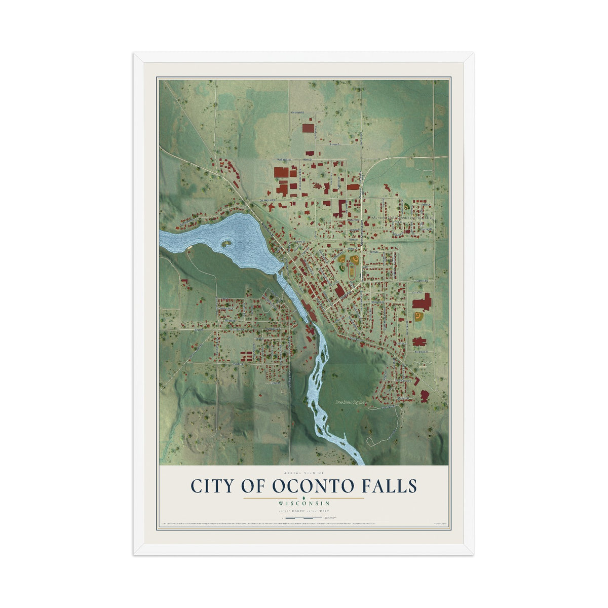 Map of Oconto Falls, Wisconsin, 12 x 18 inch print in a white wood frame