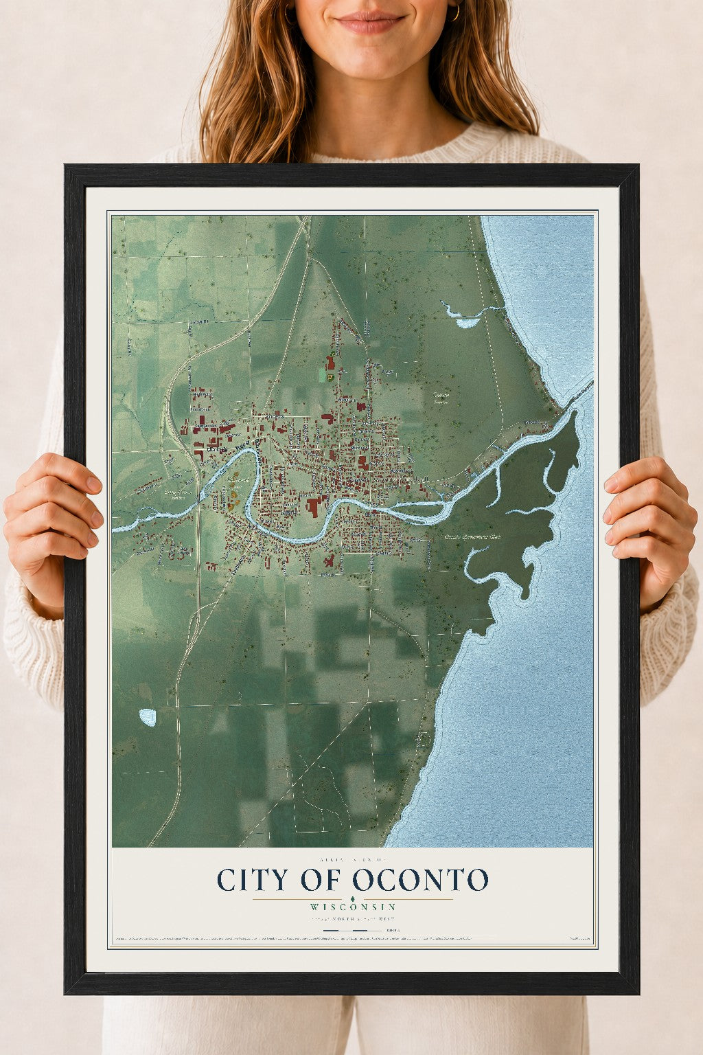Map of Oconto, Wisconsin, 18 x 24 inch print in a black wood frame