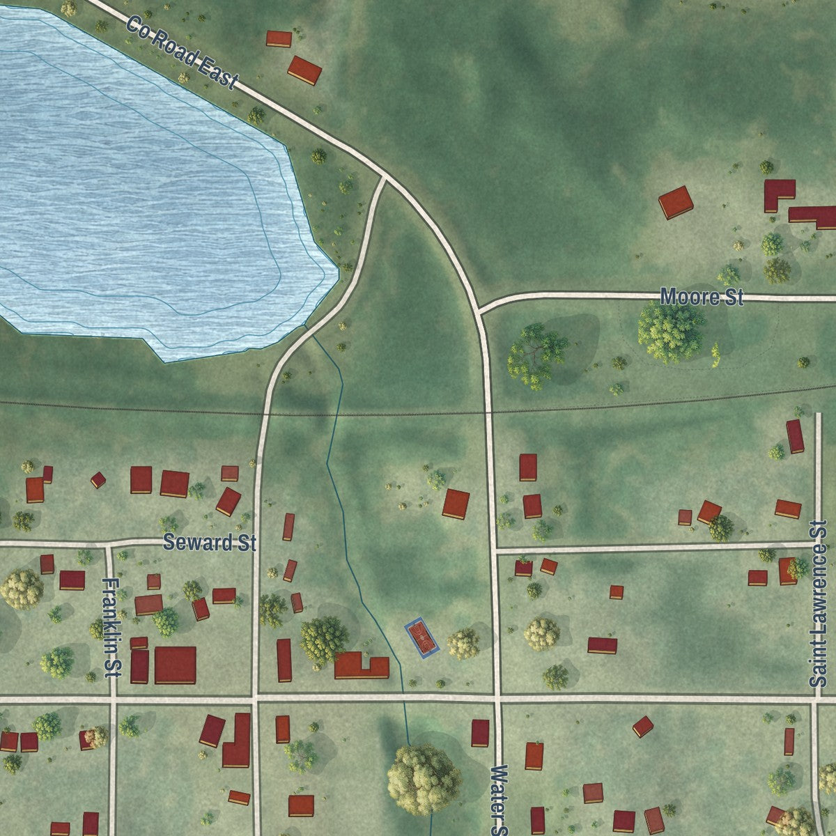 Close-up of the map of Ogdensburg, Wisconsin print showing street and building detail