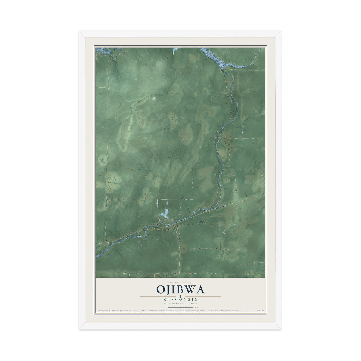 Map of Ojibwa, Wisconsin, 12 x 18 inch print in a white wood frame