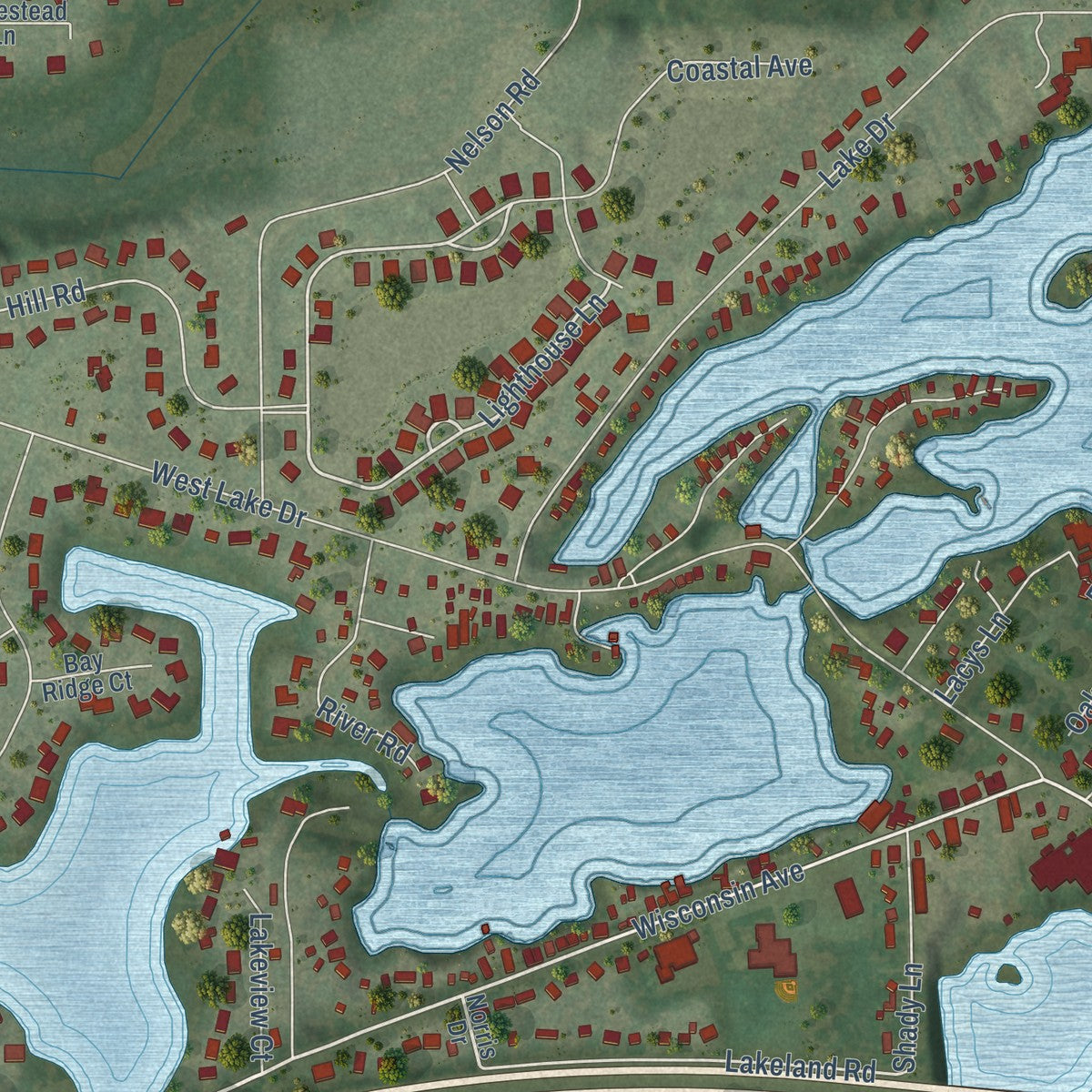 Close-up of the map of Okauchee Lake, Wisconsin print showing street and building detail