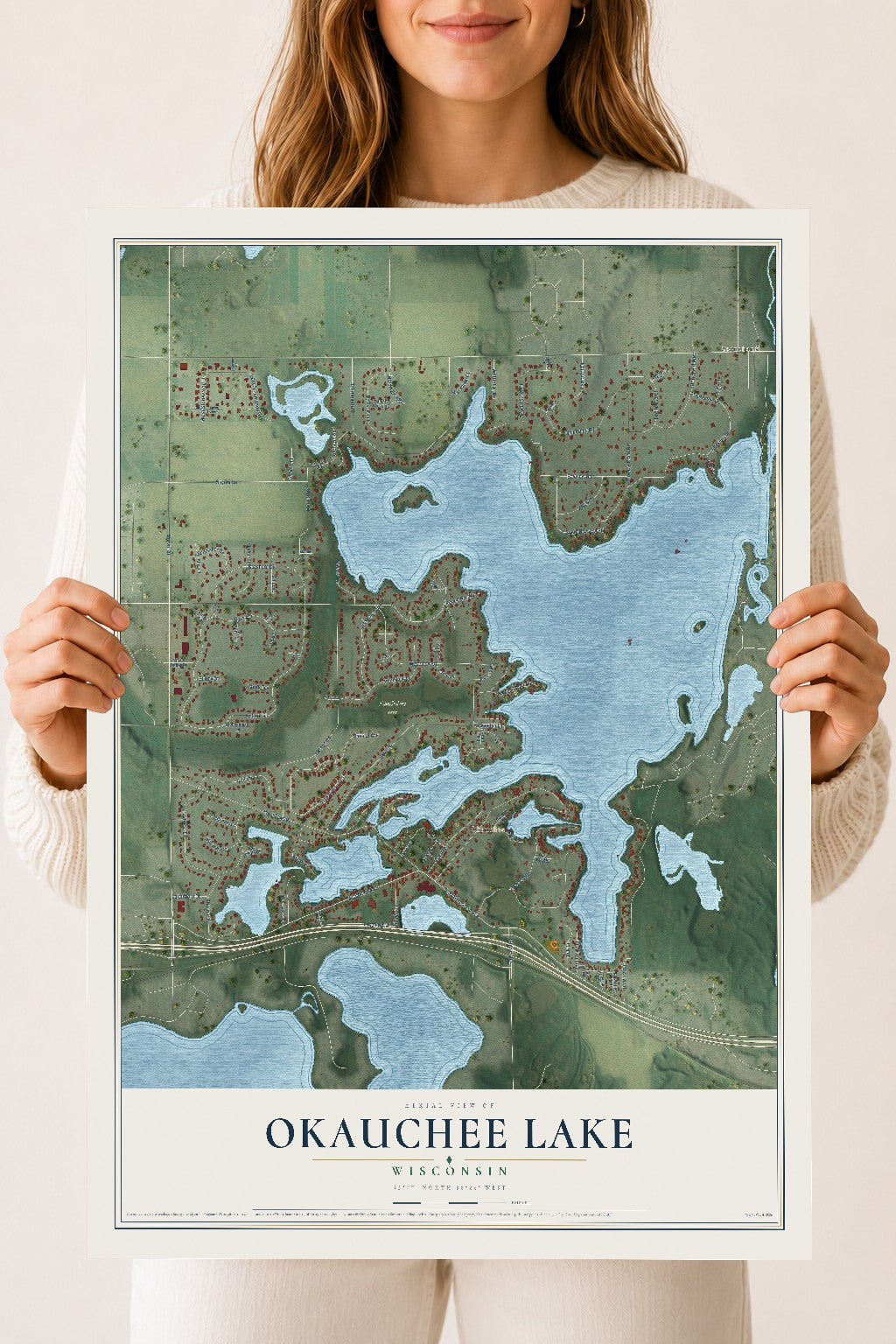 Map of Okauchee Lake, Wisconsin, 18 x 24 inch unframed archival matte print