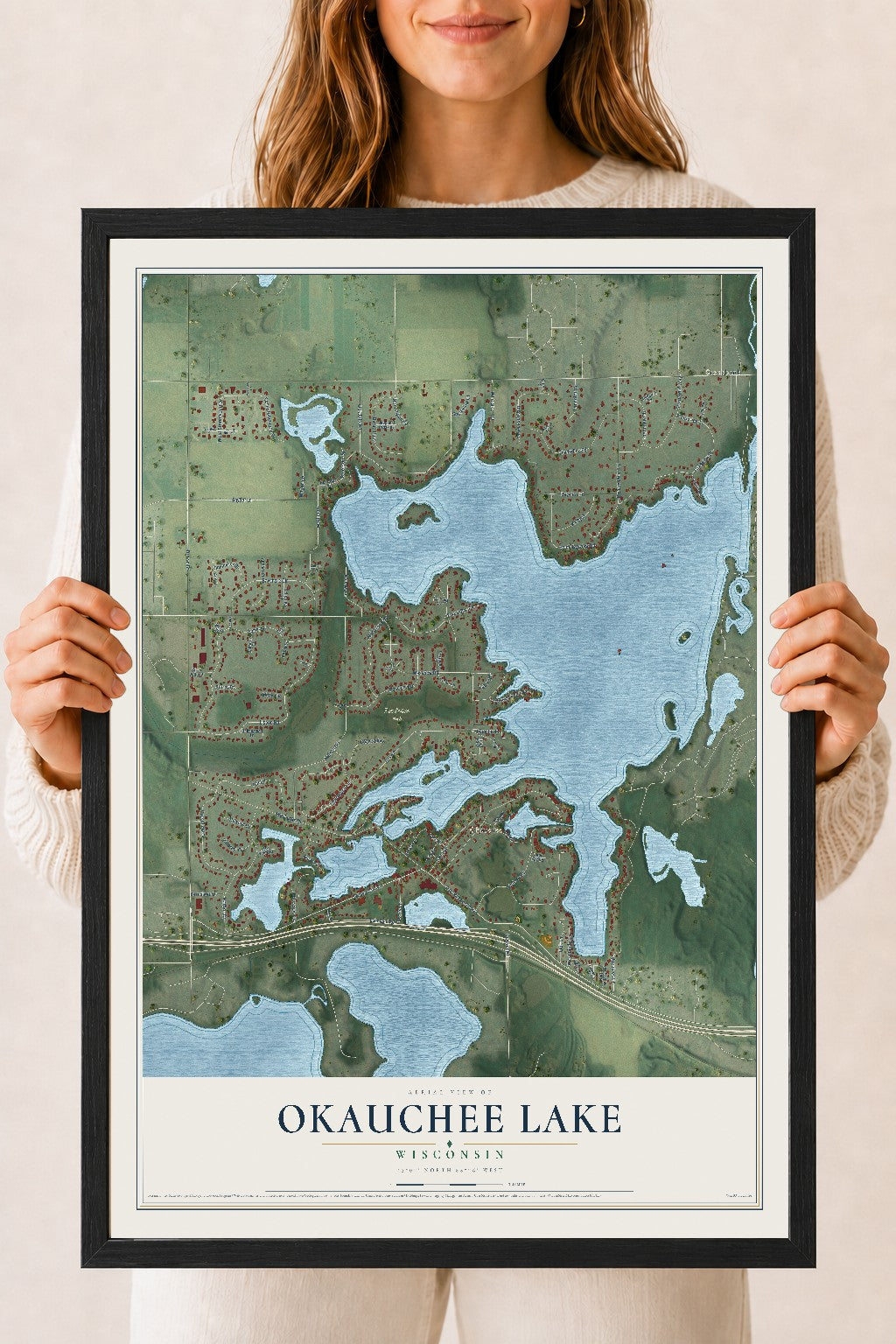 Map of Okauchee Lake, Wisconsin, 18 x 24 inch print in a black wood frame