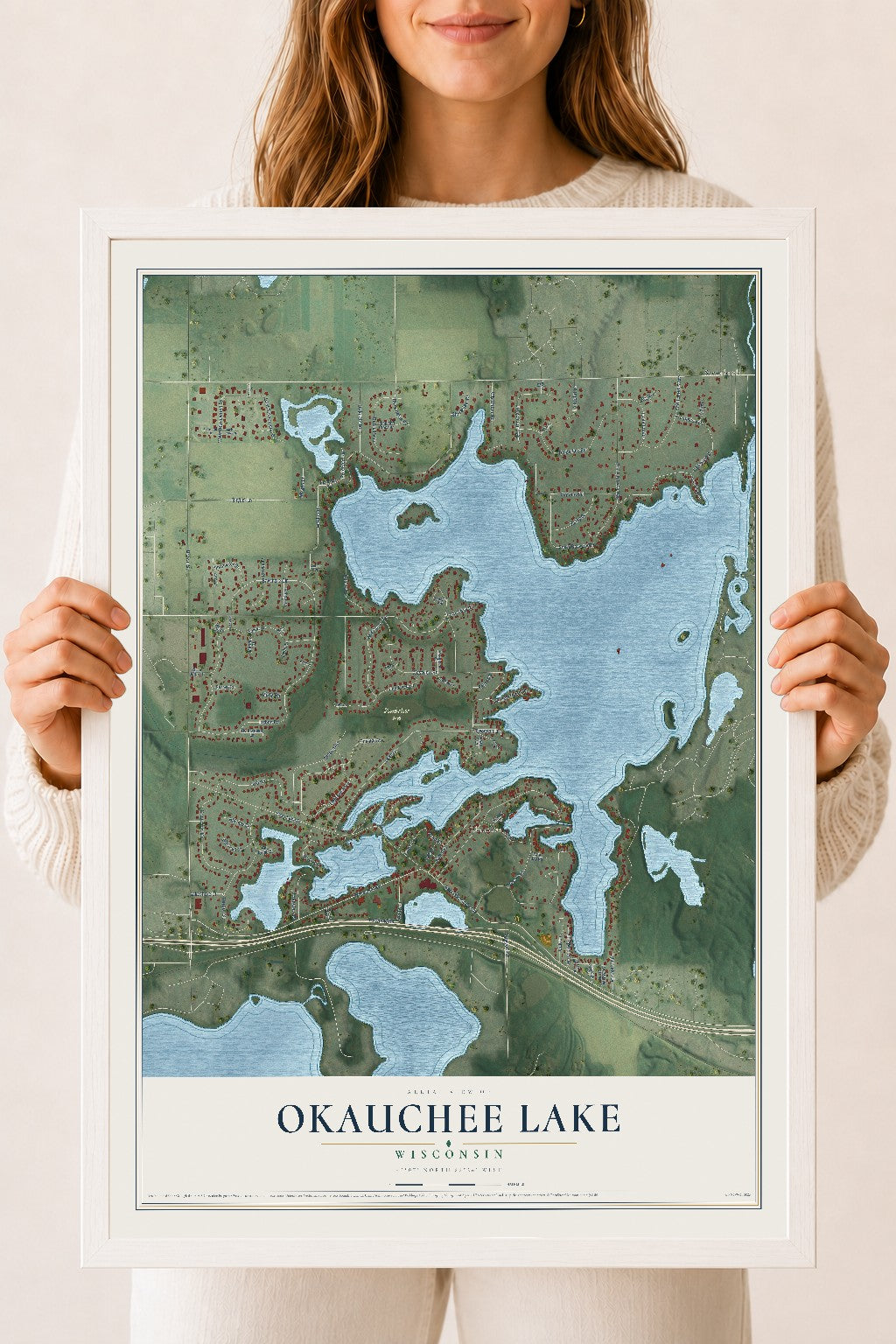 Map of Okauchee Lake, Wisconsin, 18 x 24 inch print in a white wood frame