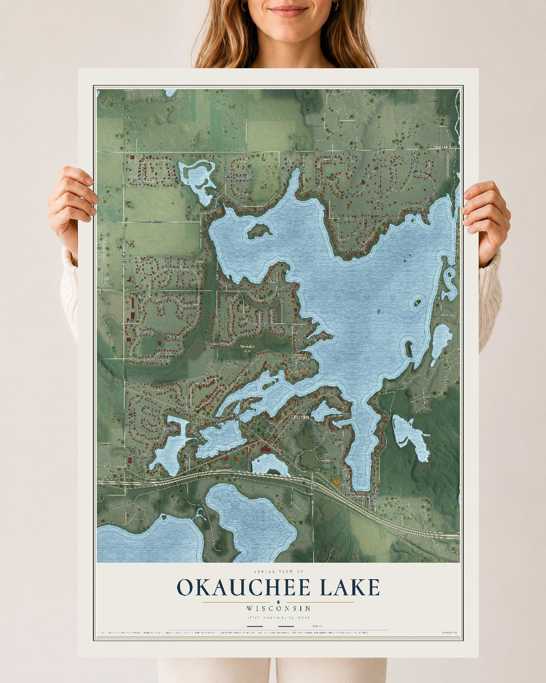 Map of Okauchee Lake, Wisconsin, 24 x 36 inch unframed archival matte print