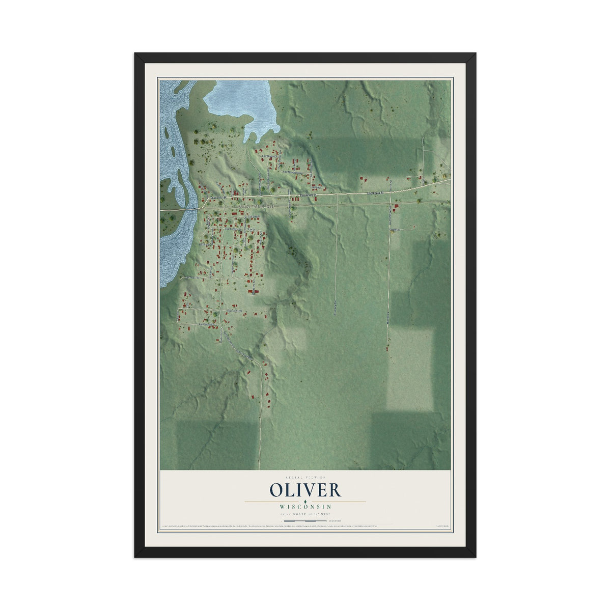 Map of Oliver, Wisconsin, 12 x 18 inch print in a black wood frame