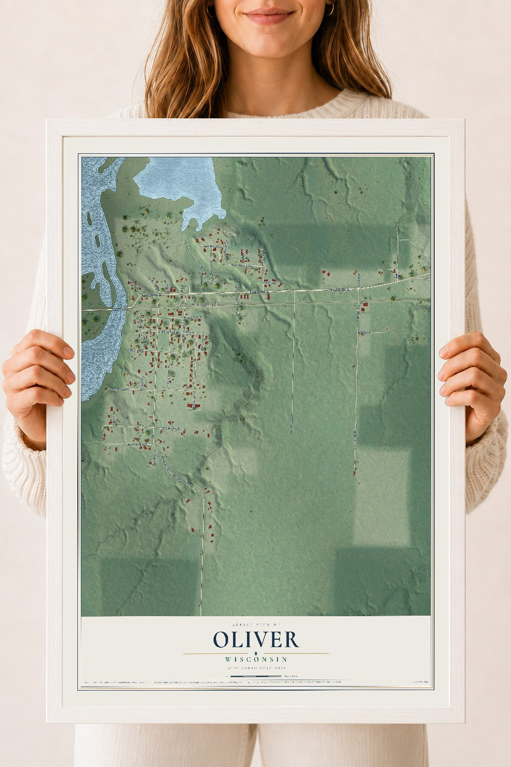 Map of Oliver, Wisconsin, 18 x 24 inch print in a white wood frame