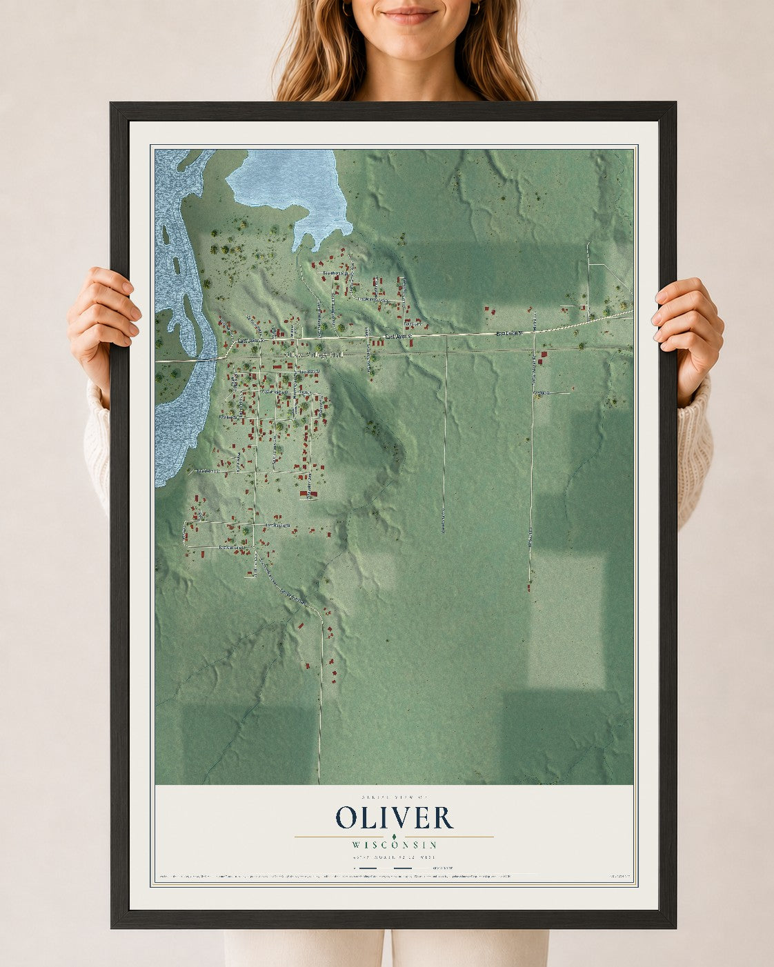 Map of Oliver, Wisconsin, 24 x 36 inch print in a black wood frame