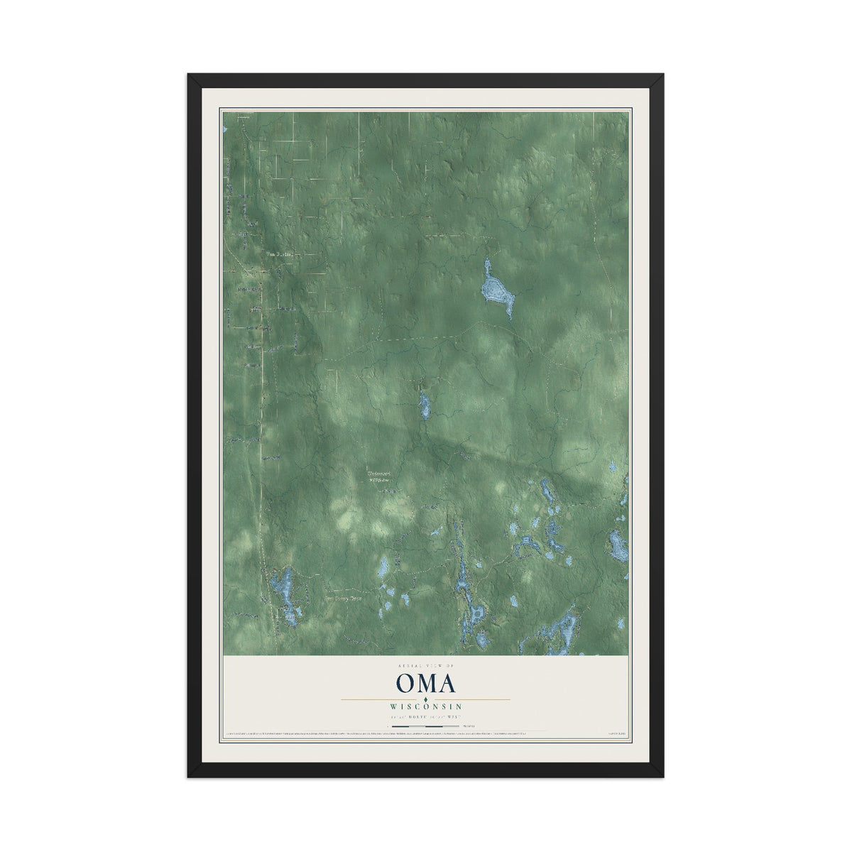 Map of Oma, Wisconsin, 12 x 18 inch print in a black wood frame