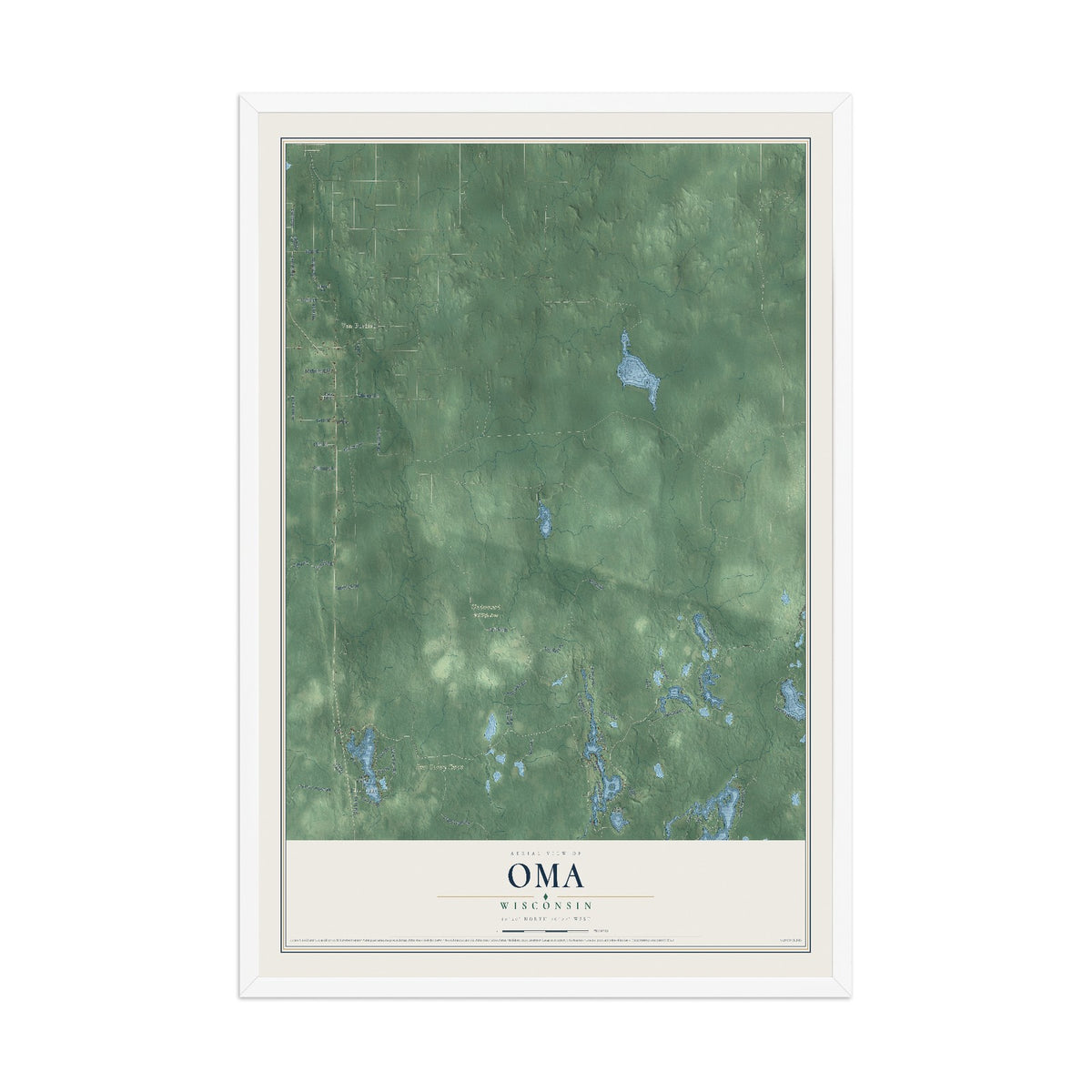 Map of Oma, Wisconsin, 12 x 18 inch print in a white wood frame