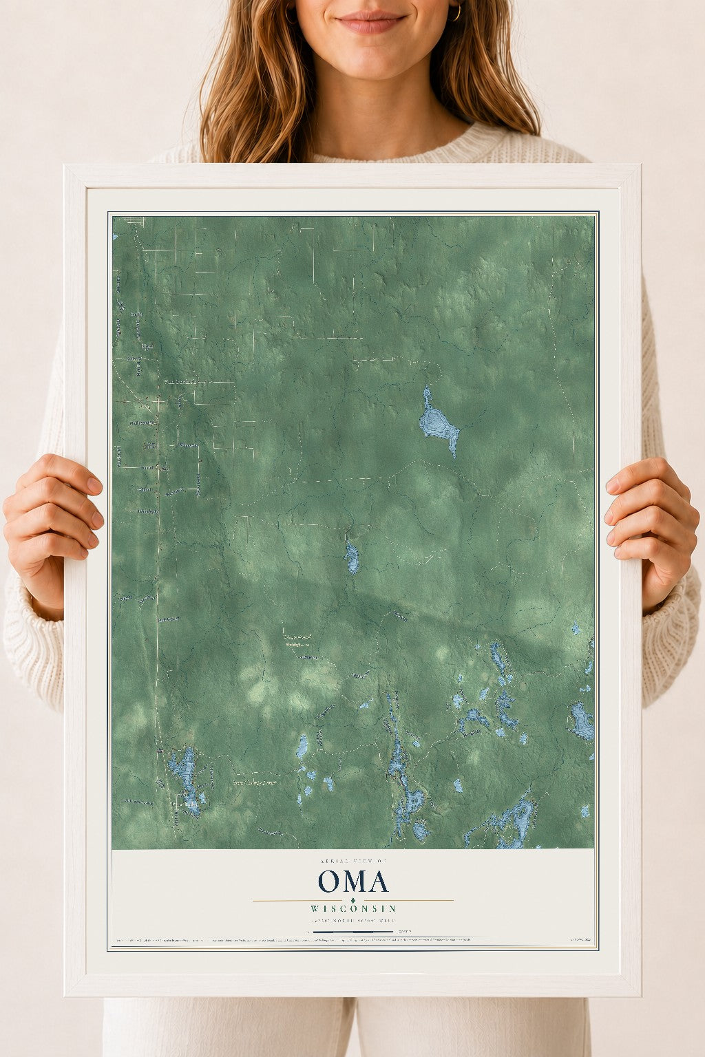 Map of Oma, Wisconsin, 18 x 24 inch print in a white wood frame