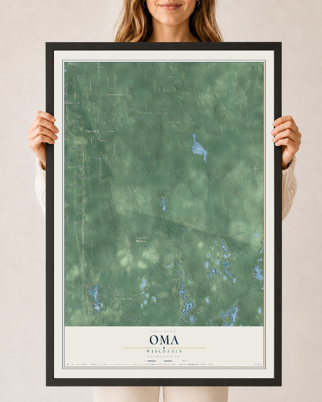 Map of Oma, Wisconsin, 24 x 36 inch print in a black wood frame