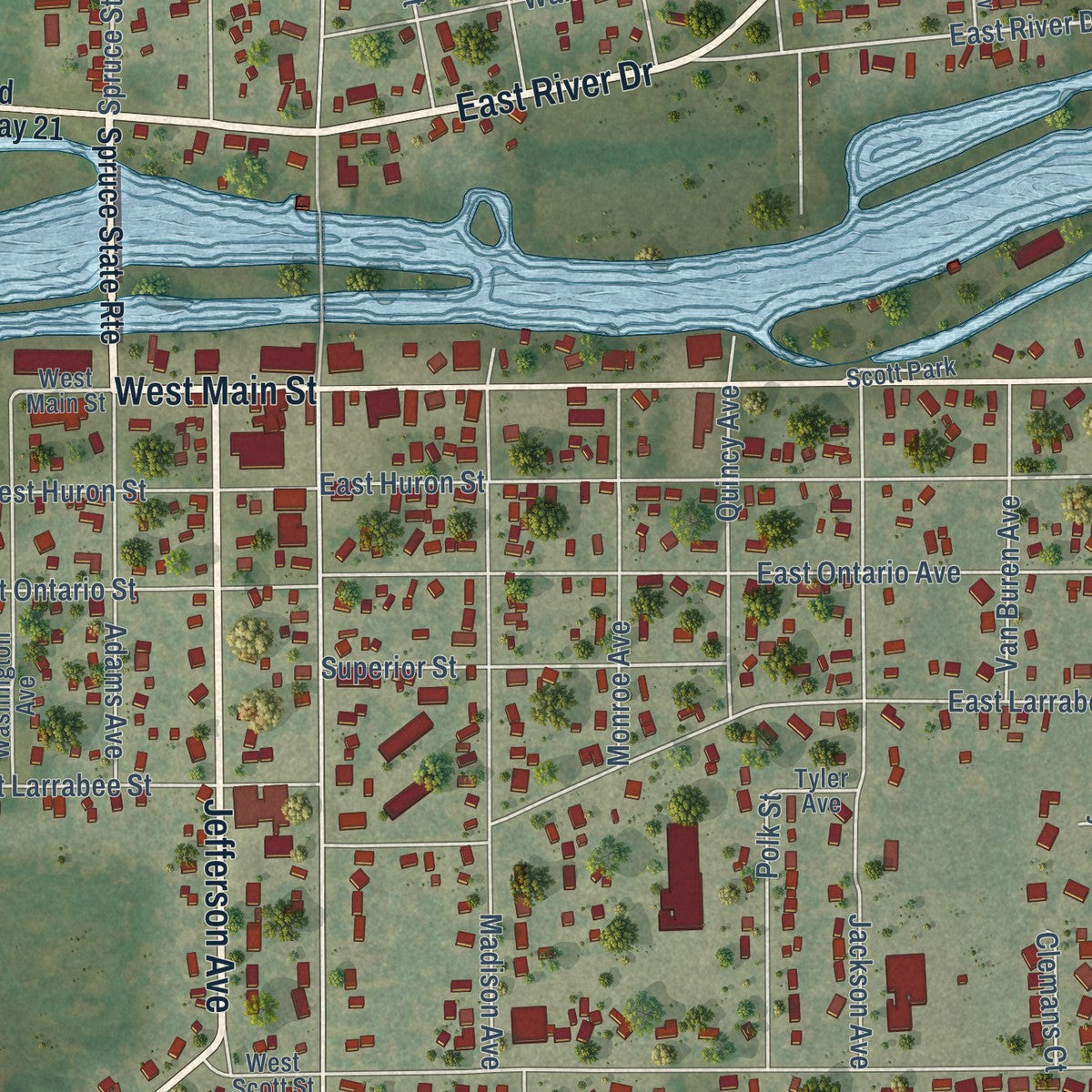 Close-up of the map of Omro, Wisconsin print showing street and building detail