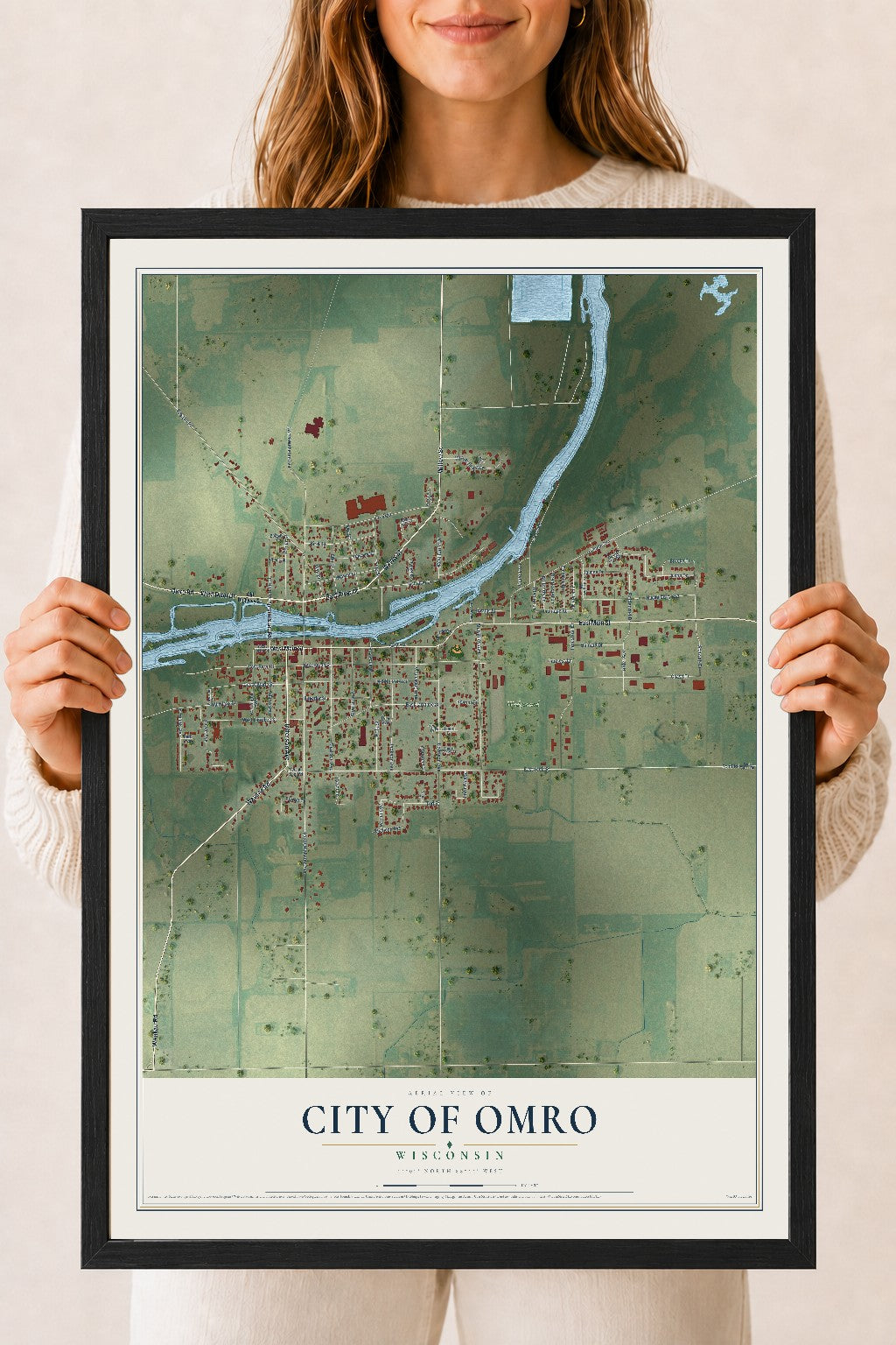 Map of Omro, Wisconsin, 18 x 24 inch print in a black wood frame