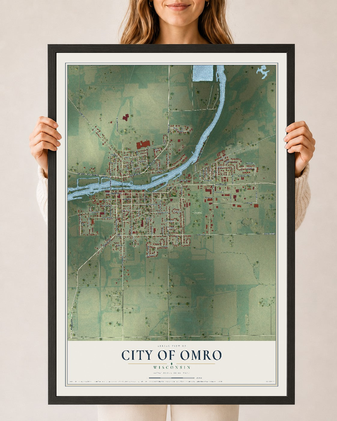 Map of Omro, Wisconsin, 24 x 36 inch print in a black wood frame