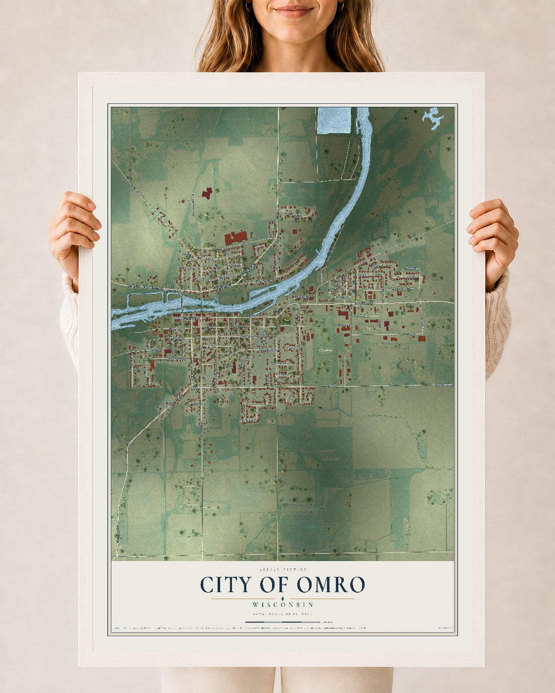 Map of Omro, Wisconsin, 24 x 36 inch print in a white wood frame