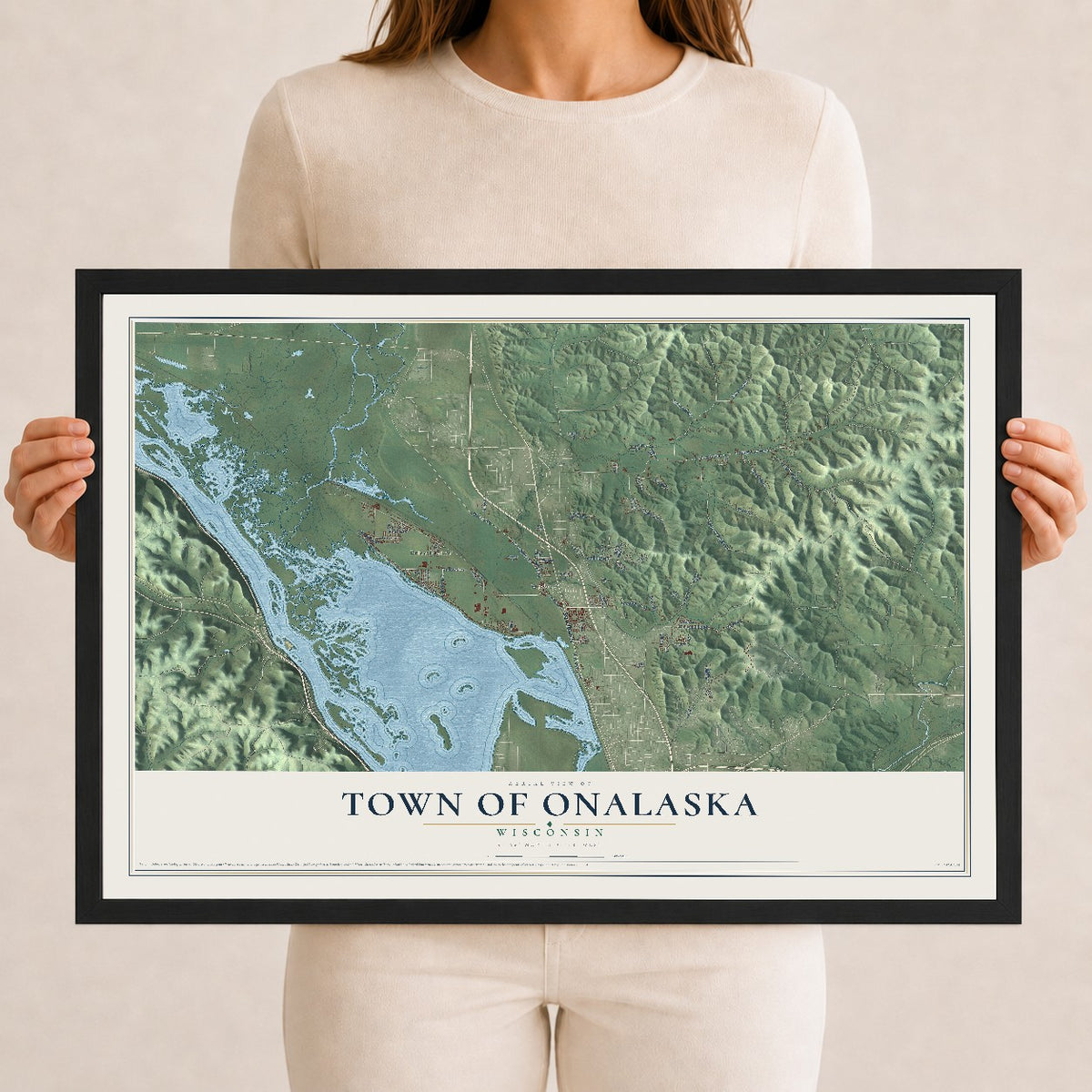 Map of the Town of Onalaska, Wisconsin, 12 x 18 inch print in a black wood frame