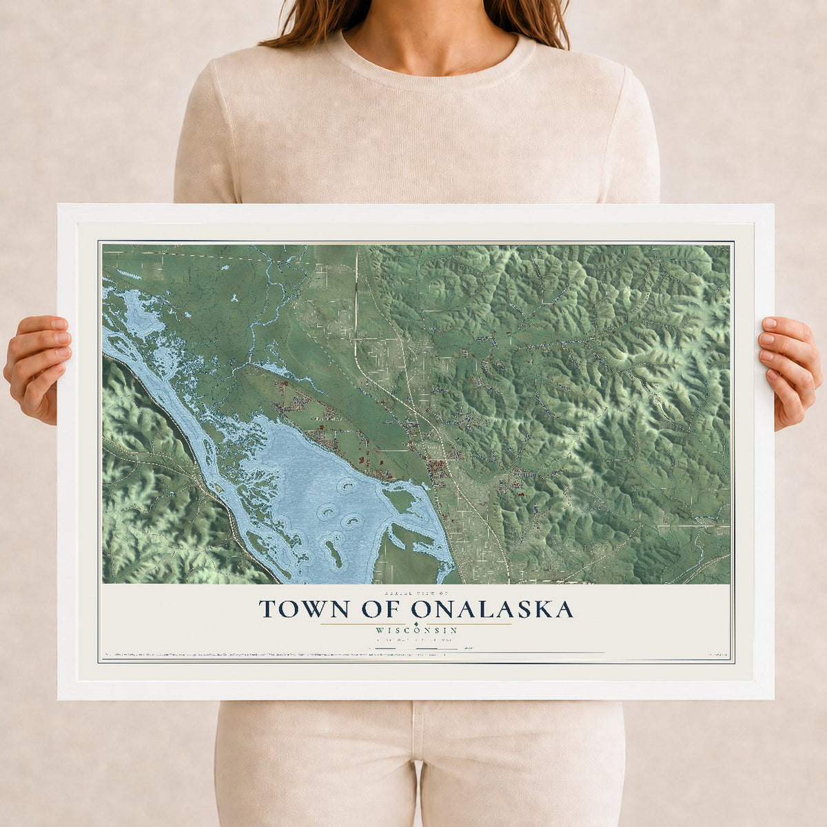 Map of the Town of Onalaska, Wisconsin, 12 x 18 inch print in a white wood frame