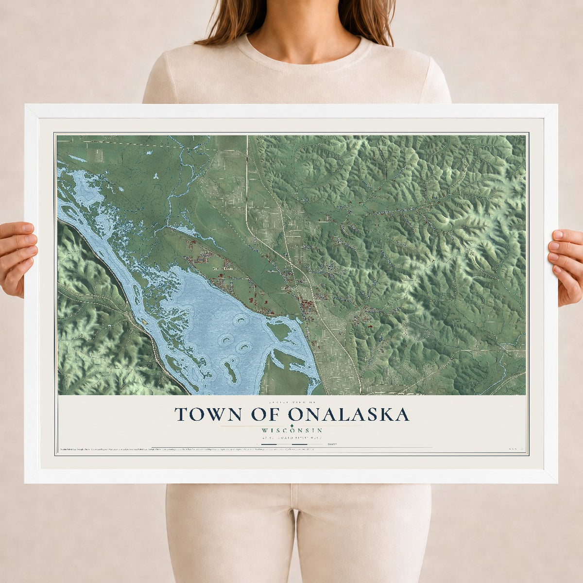 Map of the Town of Onalaska, Wisconsin, 18 x 24 inch print in a white wood frame