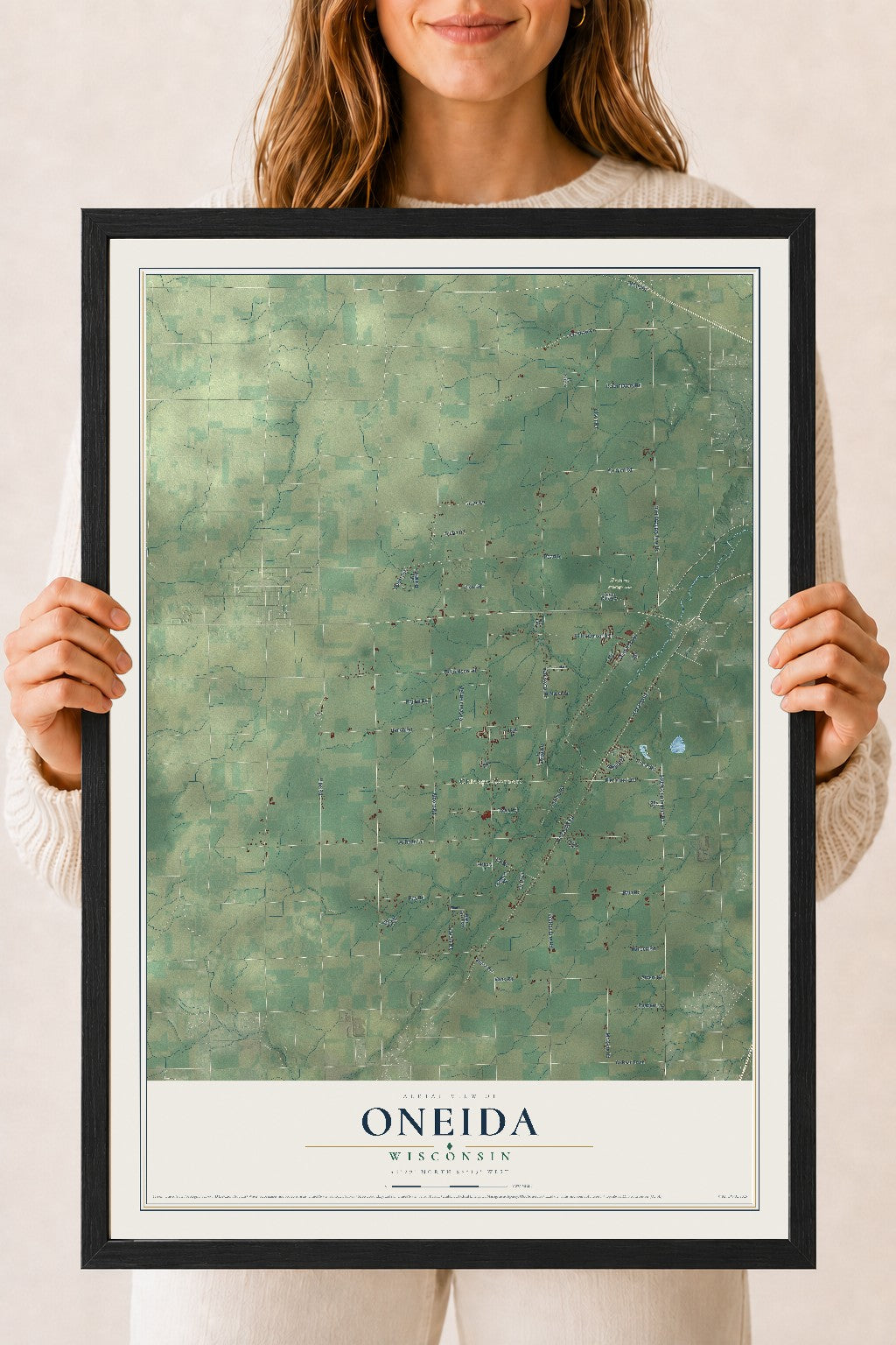 Map of Oneida, Wisconsin, 18 x 24 inch print in a black wood frame