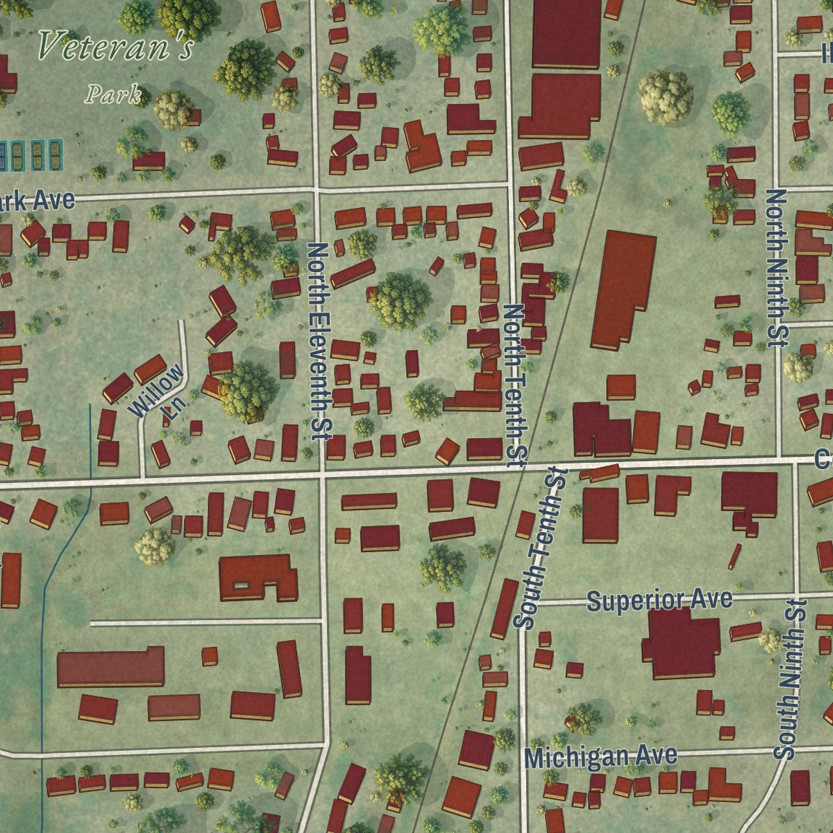 Close-up of the map of Oostburg, Wisconsin print showing street and building detail