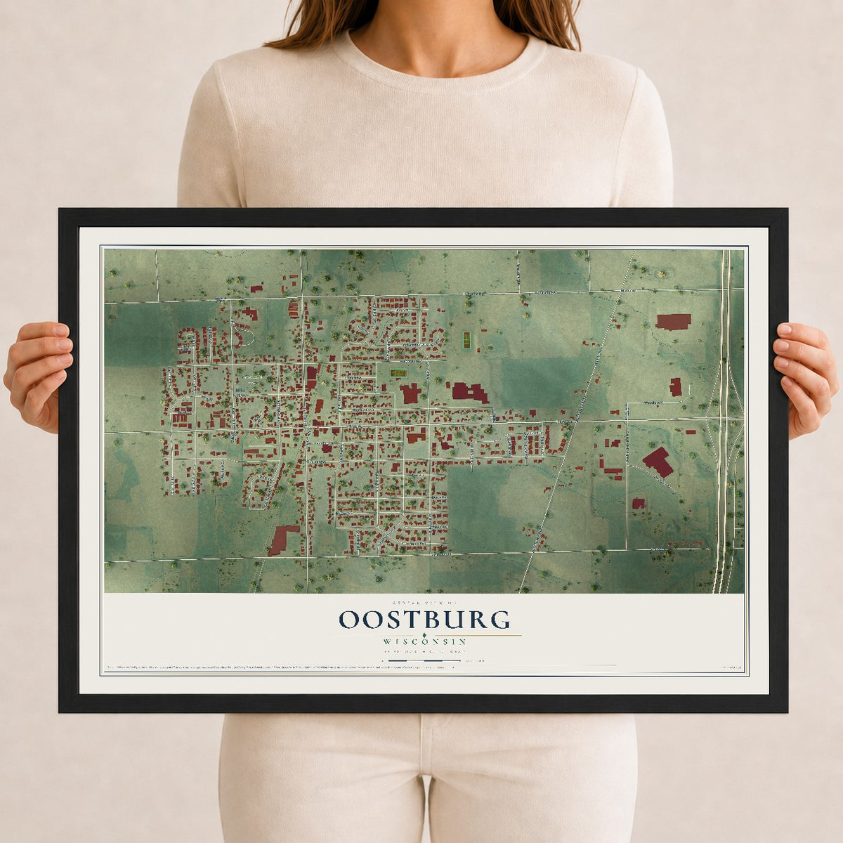 Map of Oostburg, Wisconsin, 12 x 18 inch print in a black wood frame