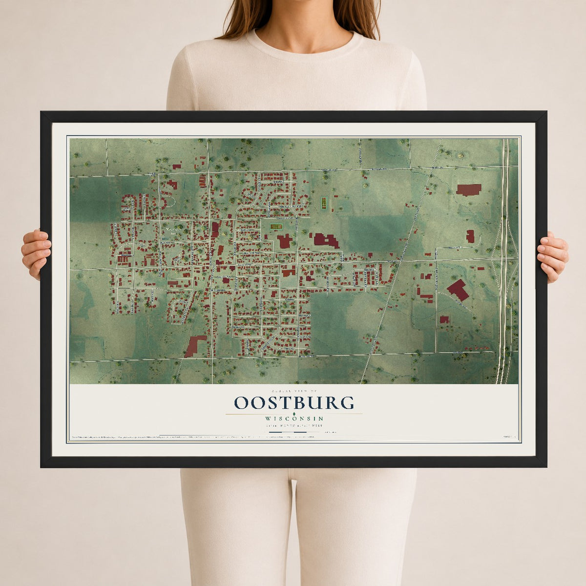 Map of Oostburg, Wisconsin, 24 x 36 inch print in a black wood frame