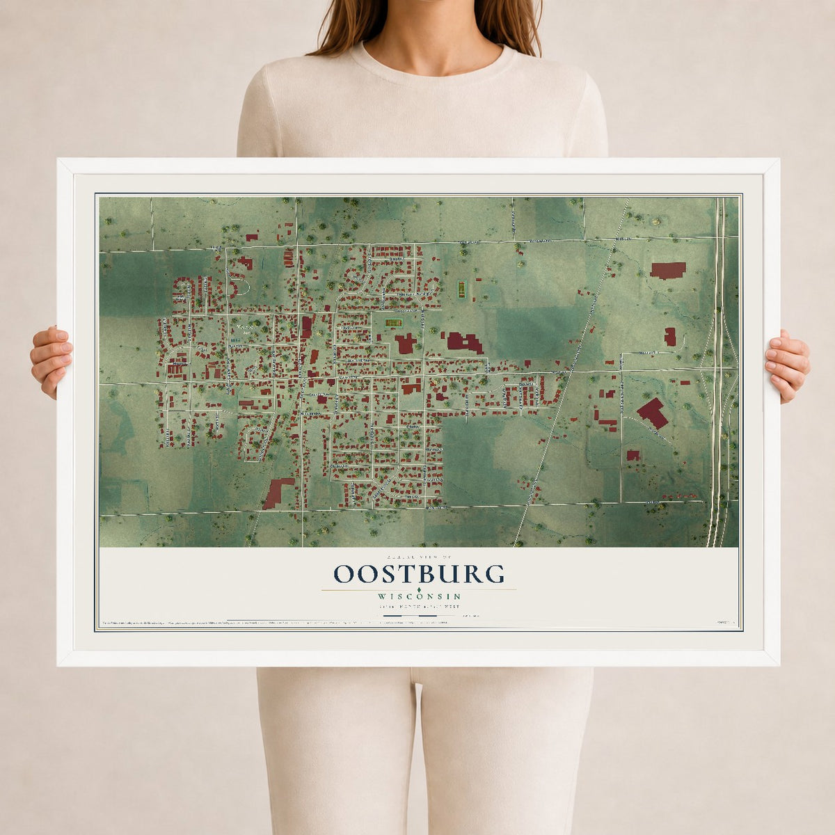 Map of Oostburg, Wisconsin, 24 x 36 inch print in a white wood frame