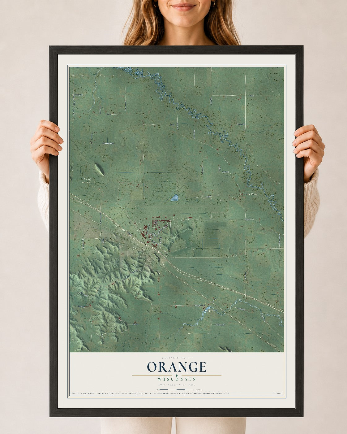 Map of Orange, Wisconsin, 24 x 36 inch print in a black wood frame