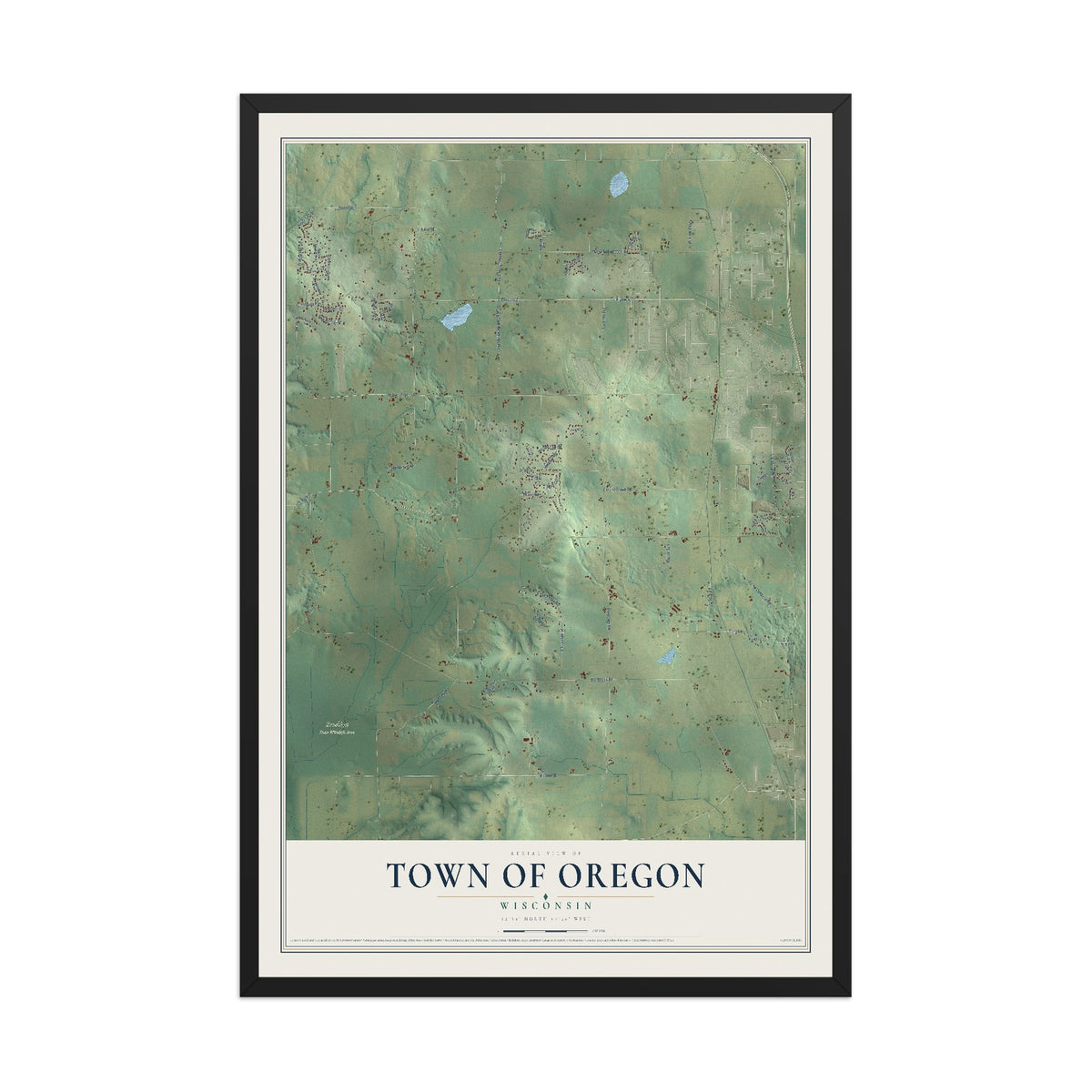 Map of the Town of Oregon, Wisconsin, 12 x 18 inch print in a black wood frame