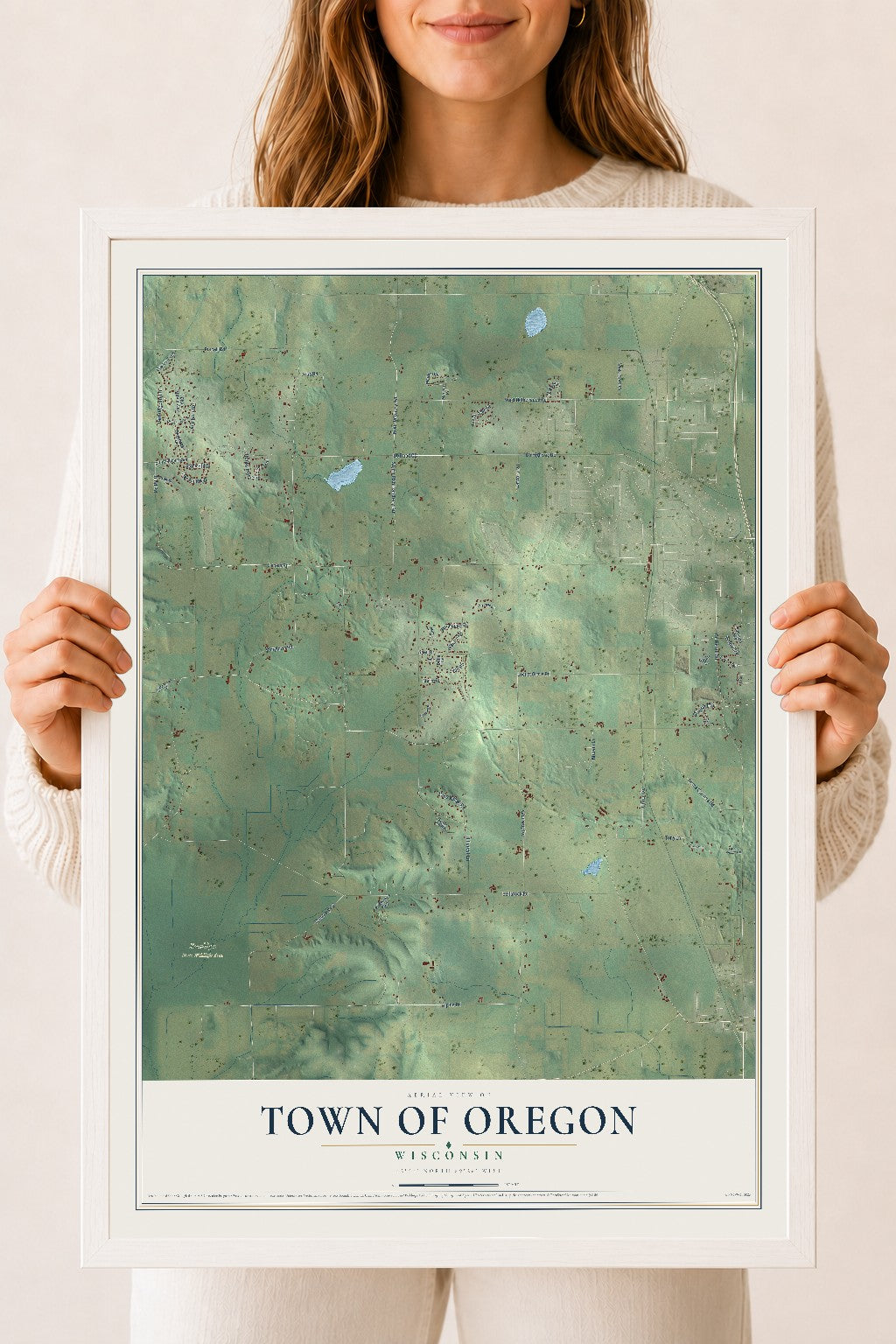 Map of the Town of Oregon, Wisconsin, 18 x 24 inch print in a white wood frame