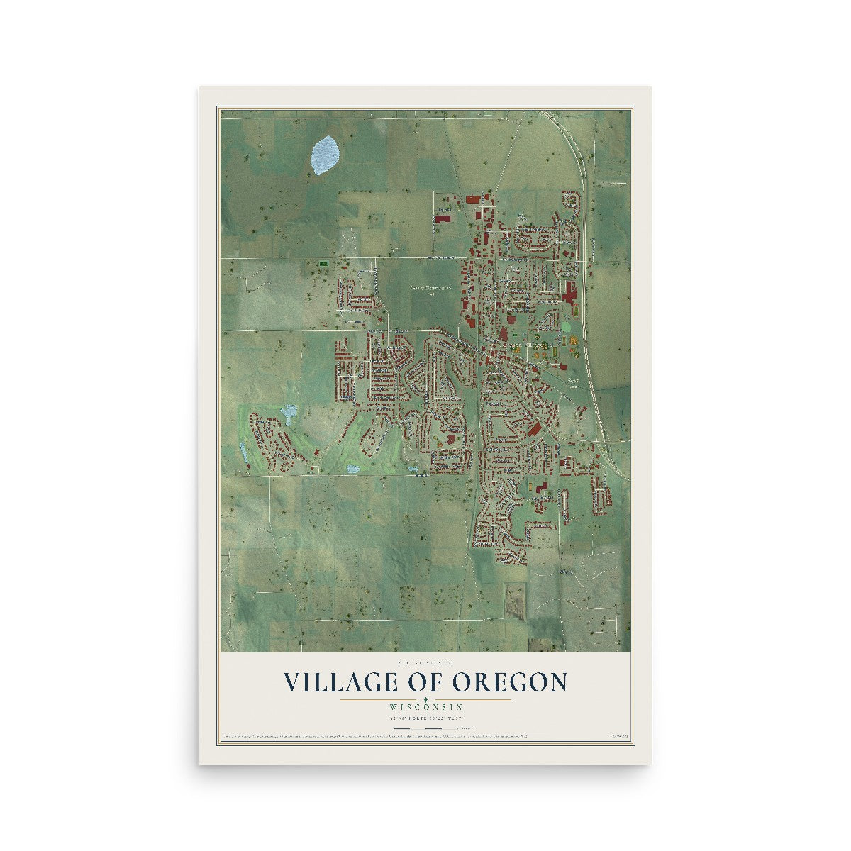 Map of Oregon, Wisconsin, 12 x 18 inch unframed archival matte print