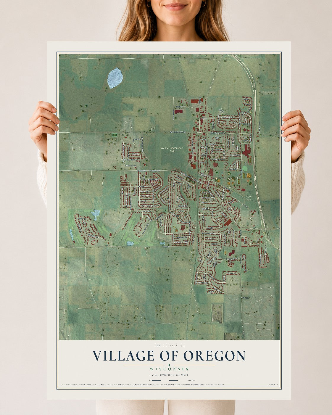 Map of Oregon, Wisconsin, 24 x 36 inch unframed archival matte print