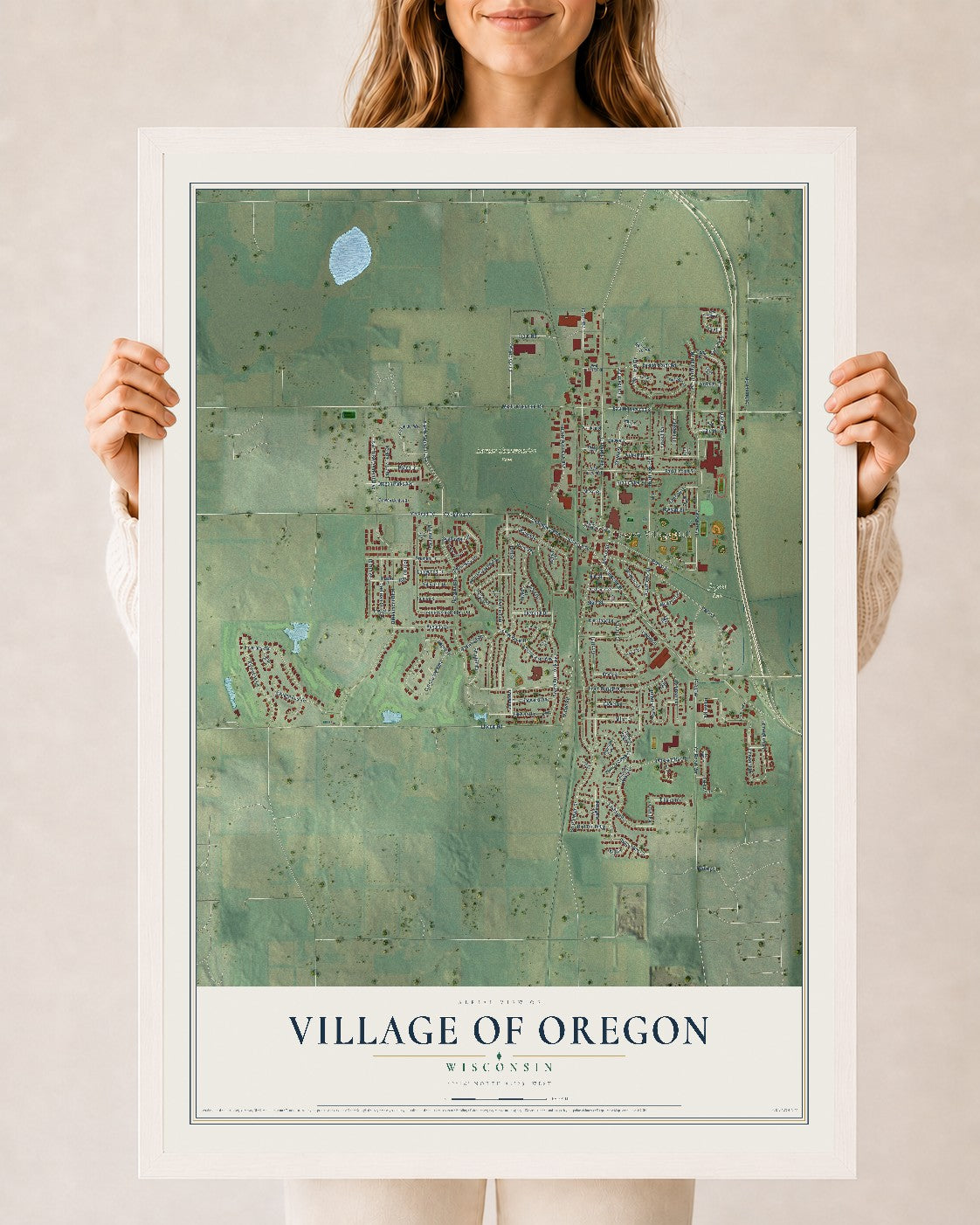 Map of Oregon, Wisconsin, 24 x 36 inch print in a white wood frame