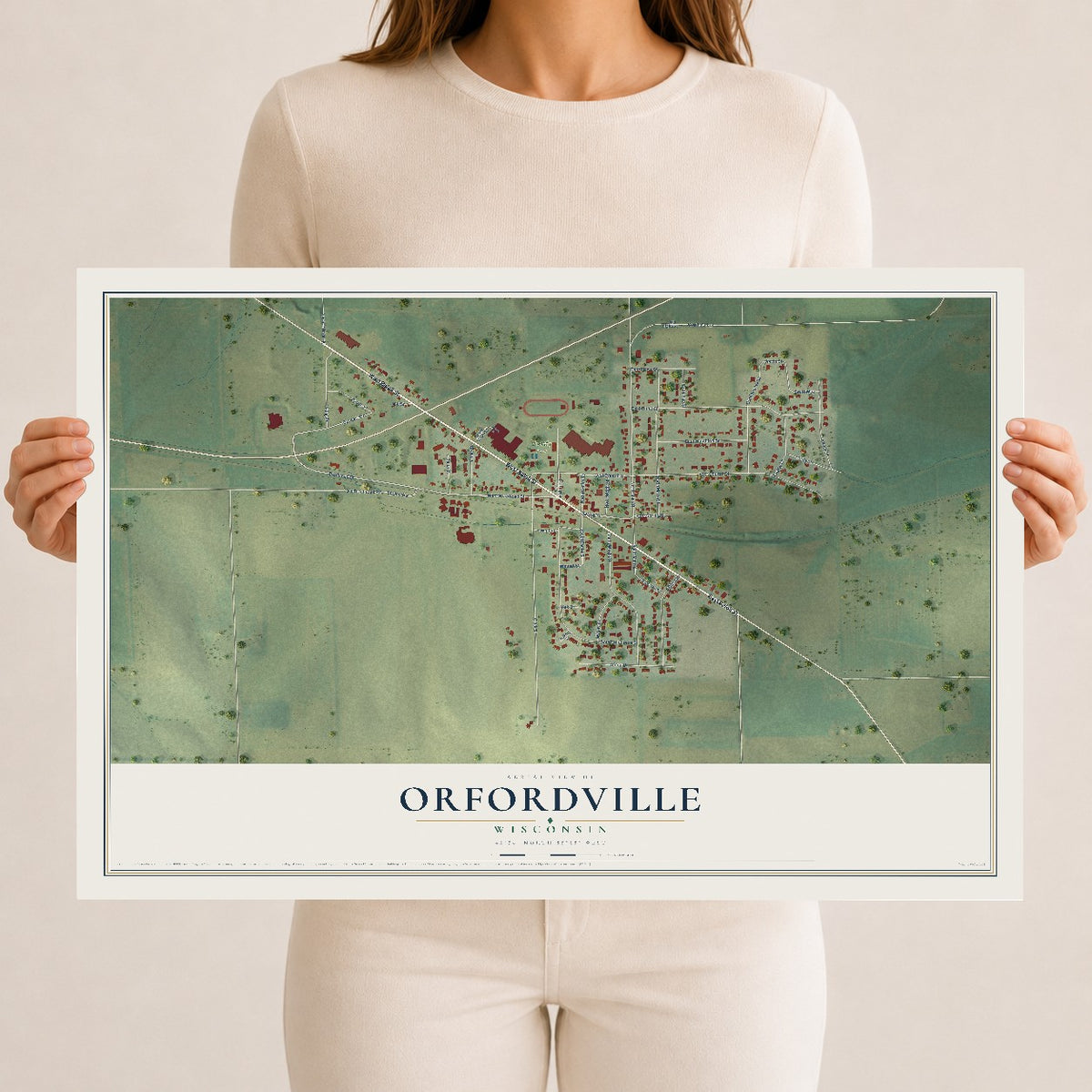 Map of Orfordville, Wisconsin, 12 x 18 inch unframed archival matte print