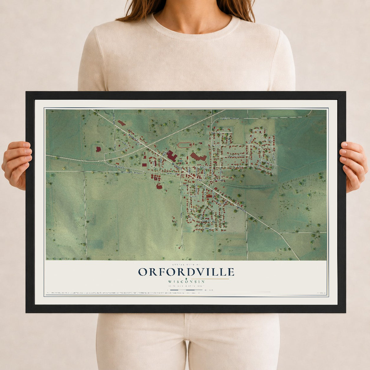 Map of Orfordville, Wisconsin, 12 x 18 inch print in a black wood frame