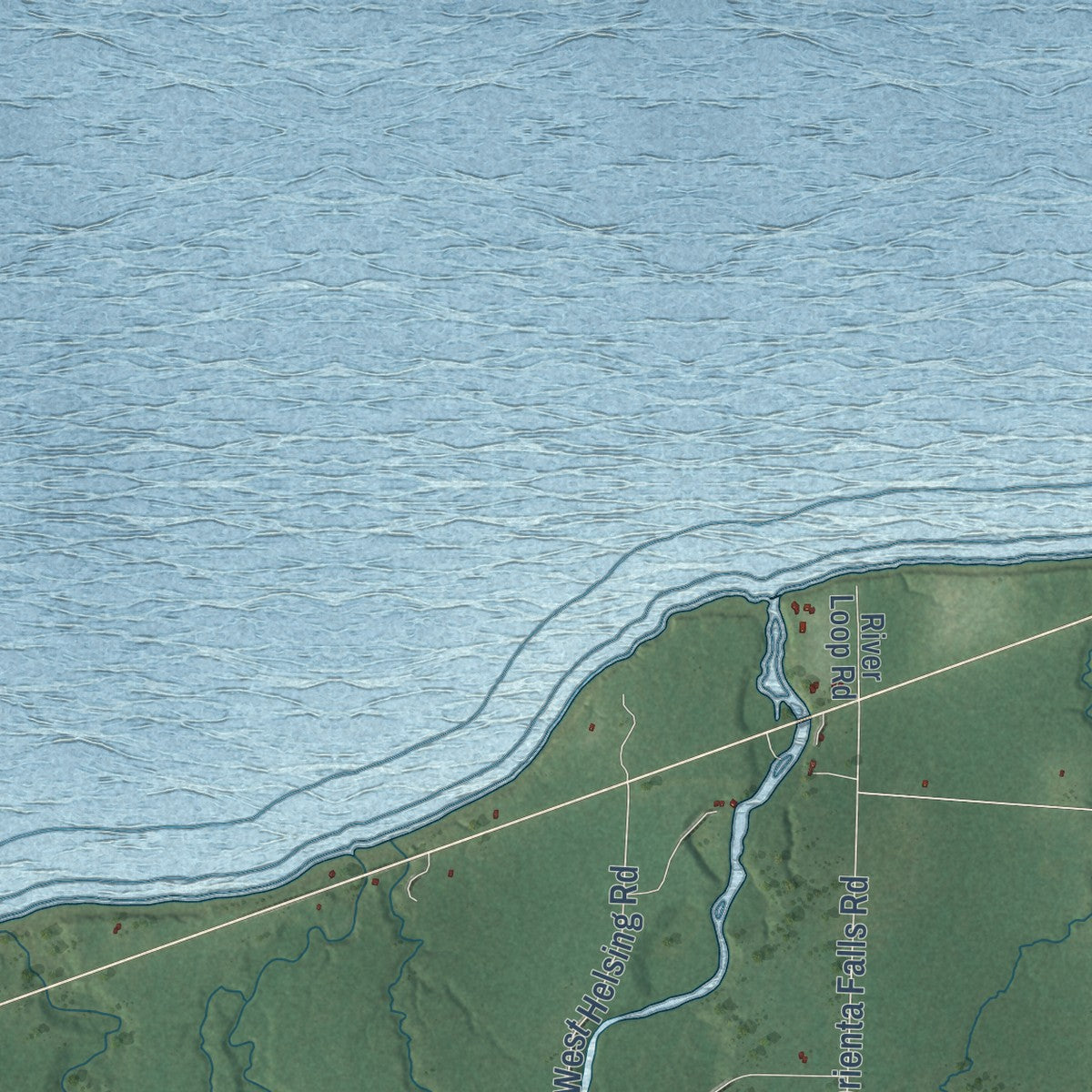 Close-up of the map of Orienta, Wisconsin print showing street and building detail