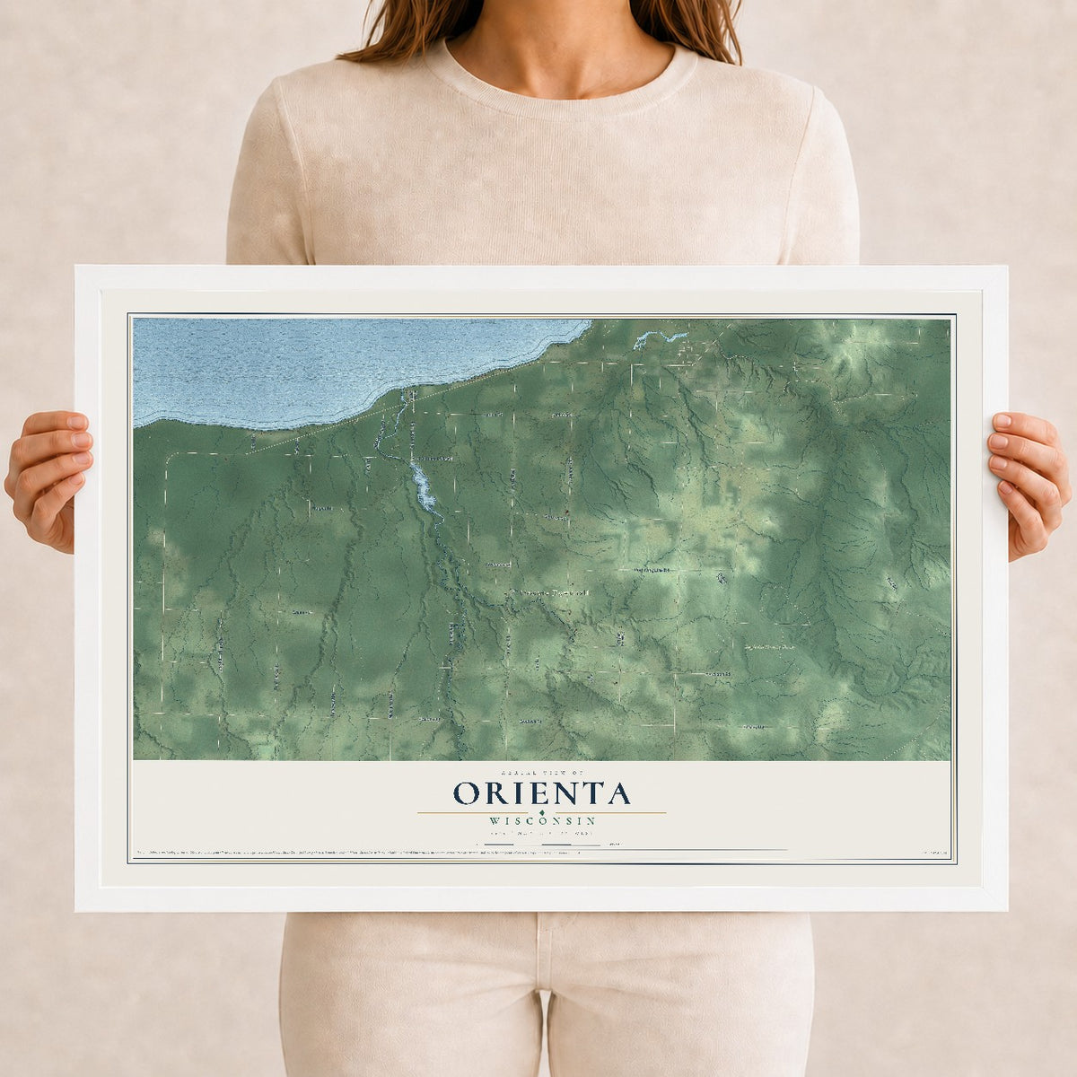 Map of Orienta, Wisconsin, 12 x 18 inch print in a white wood frame