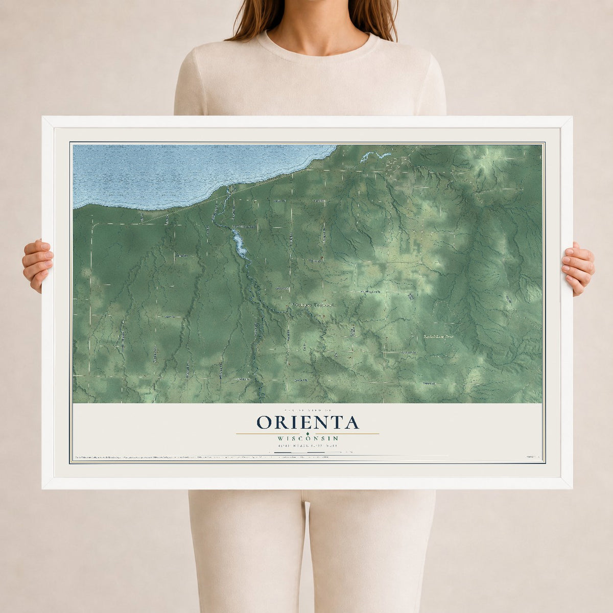 Map of Orienta, Wisconsin, 24 x 36 inch print in a white wood frame