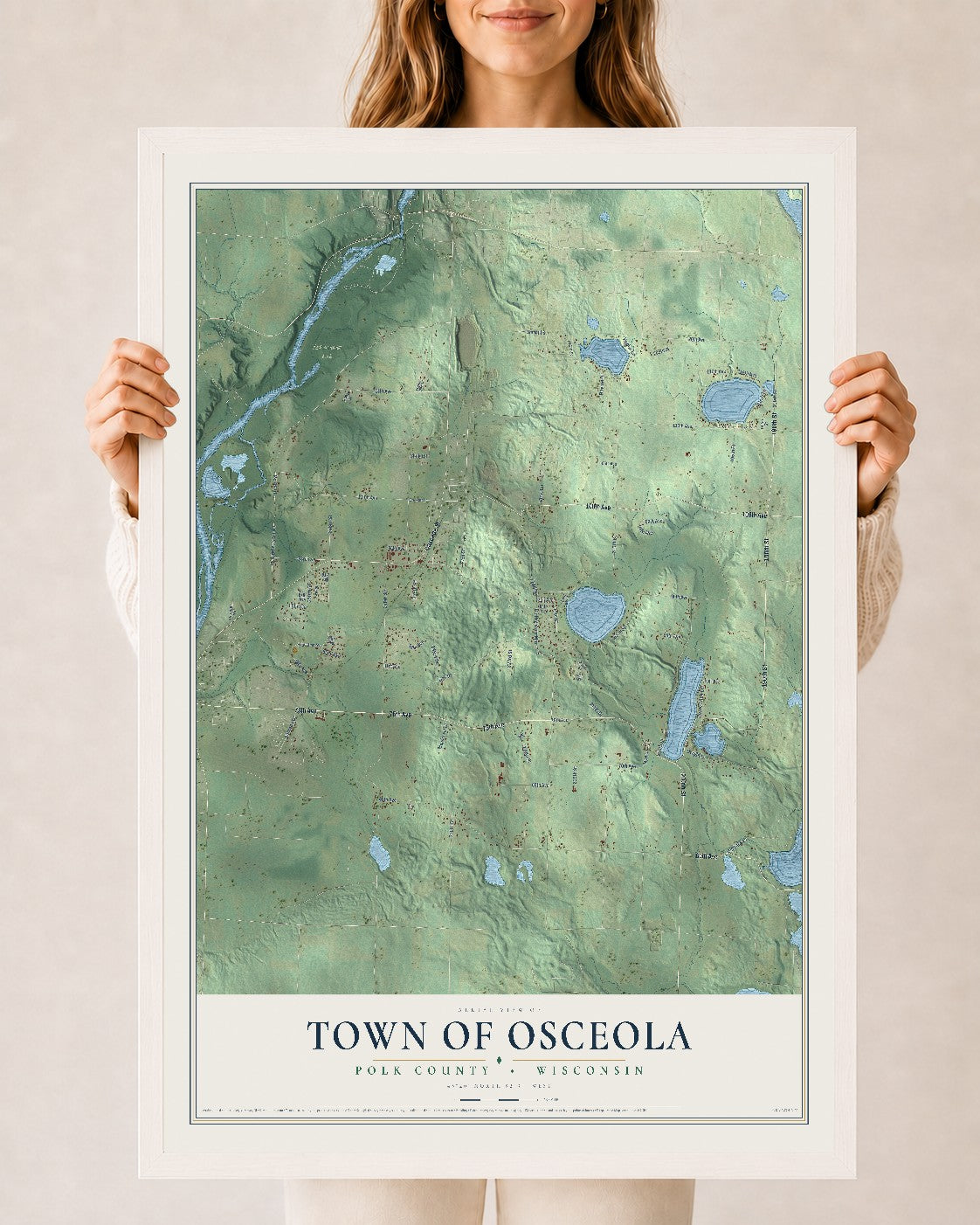 Map of the Town of Osceola, Polk County, Wisconsin, 24 x 36 inch print in a white wood frame
