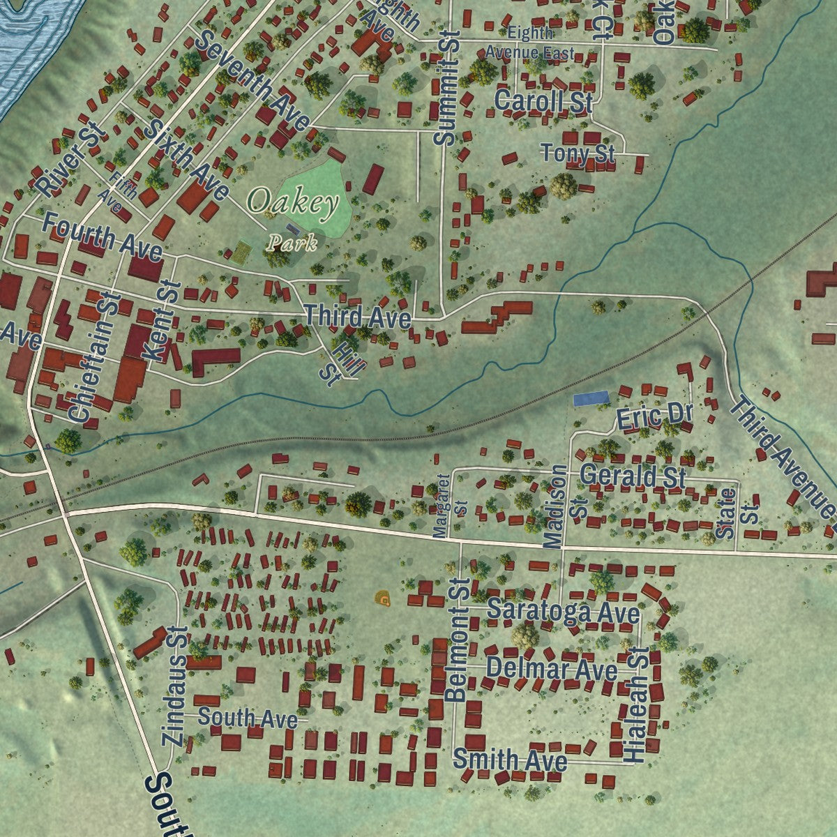 Close-up of the map of Osceola, Wisconsin print showing street and building detail