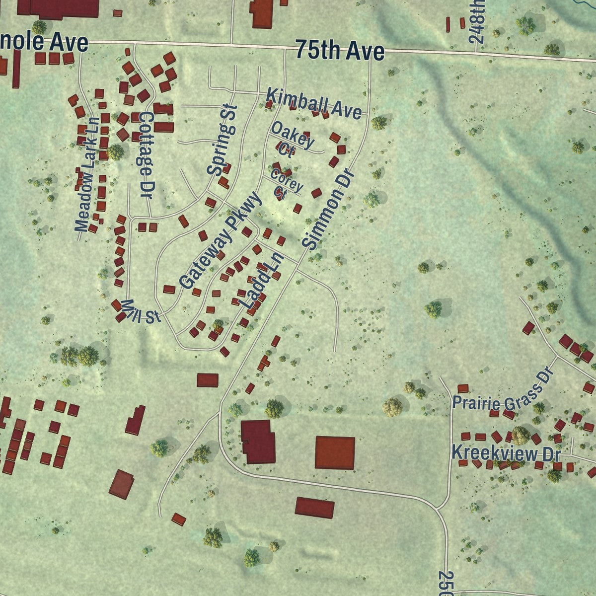 Second close-up of the map of Osceola, Wisconsin print showing more streets and buildings