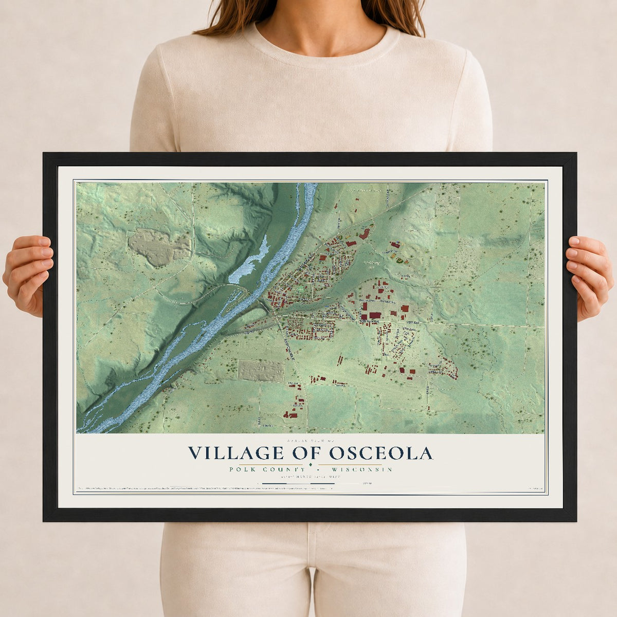 Map of Osceola, Wisconsin, 12 x 18 inch print in a black wood frame